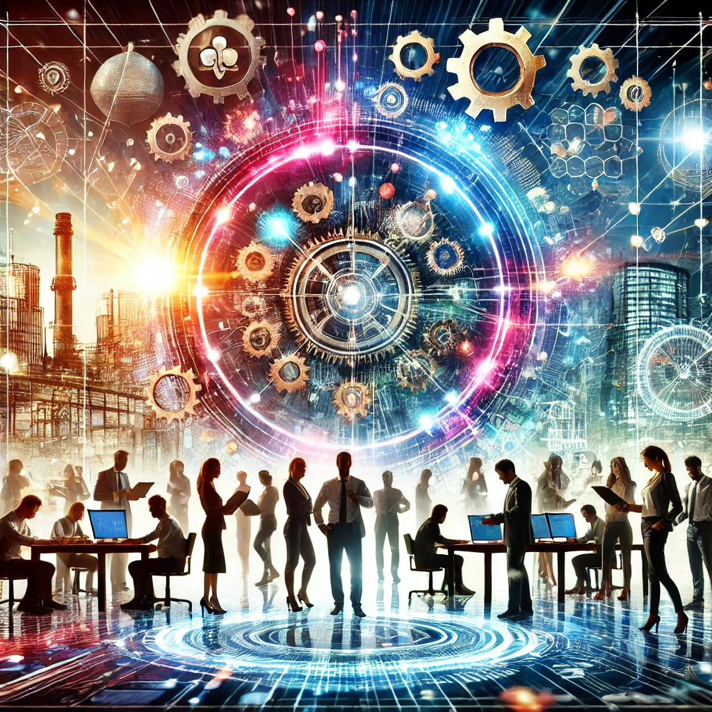A vibrant and dynamic illustration of a diverse team of professionals working together to build a technical framework. The image features a futuristic feel