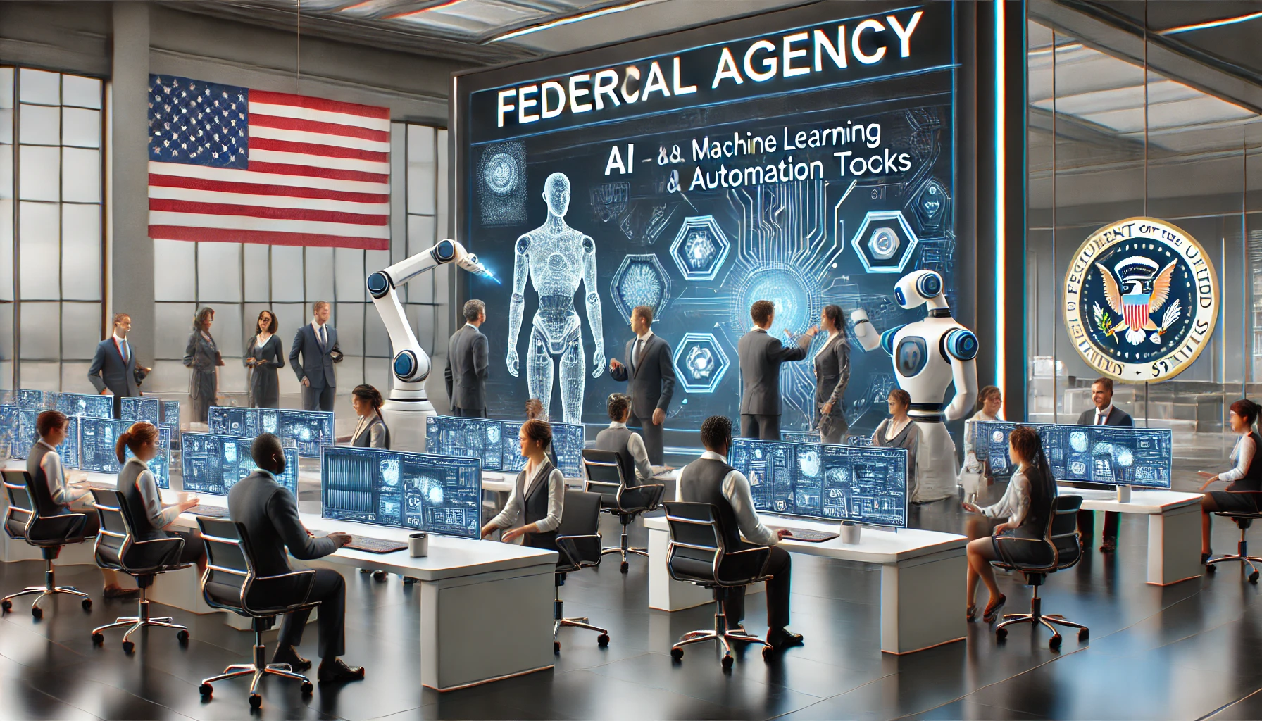 A futuristic training classroom designed for federal employees, showcasing diverse professionals engaging with AI and automation tools.