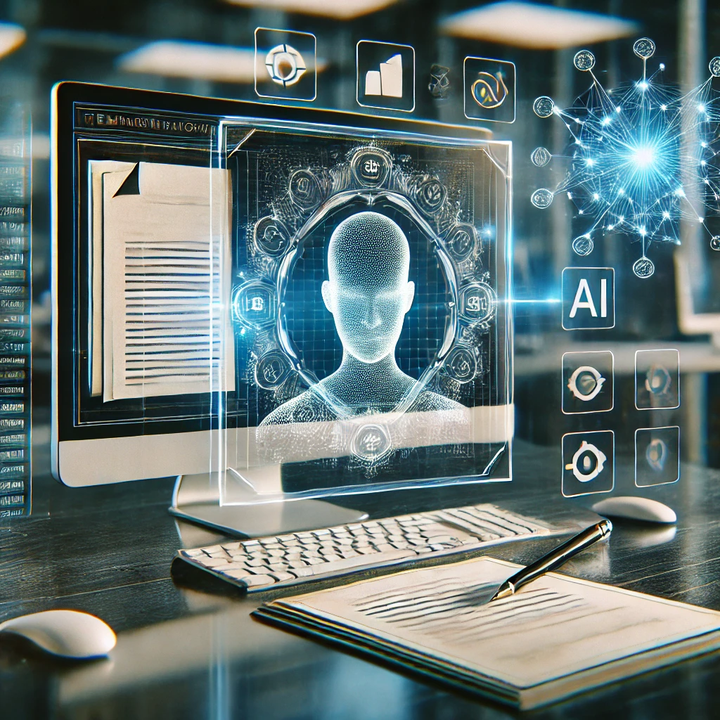 An image depicting a futuristic workspace with an AI-powered computer generating documents automatically.