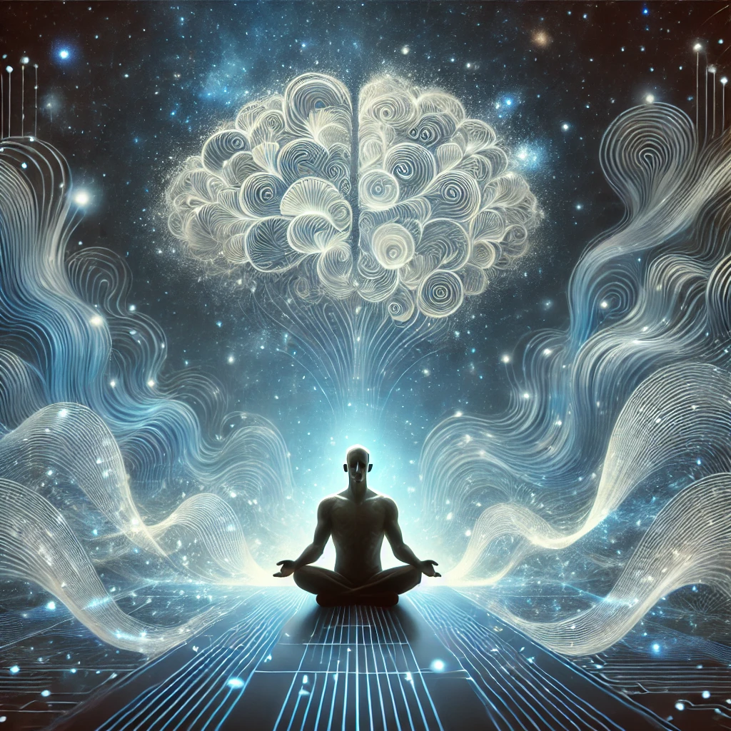 A conceptual and artistic image of self-hypnosis and mindfulness, blending a serene individual sitting calmly in a meditative pose surrounded by soft imagery