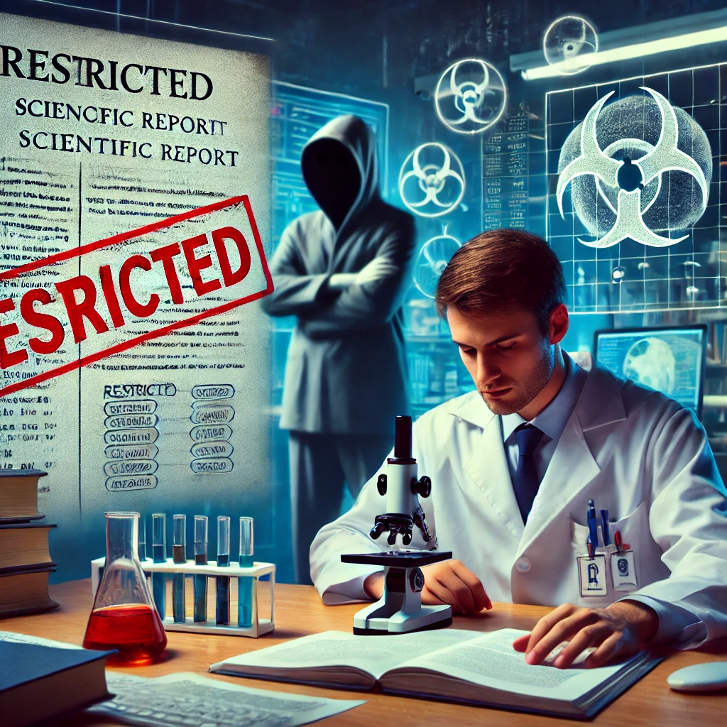 A researcher in a lab coat sits at a desk, looking frustrated while reviewing a scientific report stamped with "RESTRICTED." Behind them, a blurred figure in a suit symbolizes government oversight. The desk is cluttered with books, scientific papers, and a computer screen displaying redacted text, creating a tense atmosphere that represents restrictions on scientific transparency.