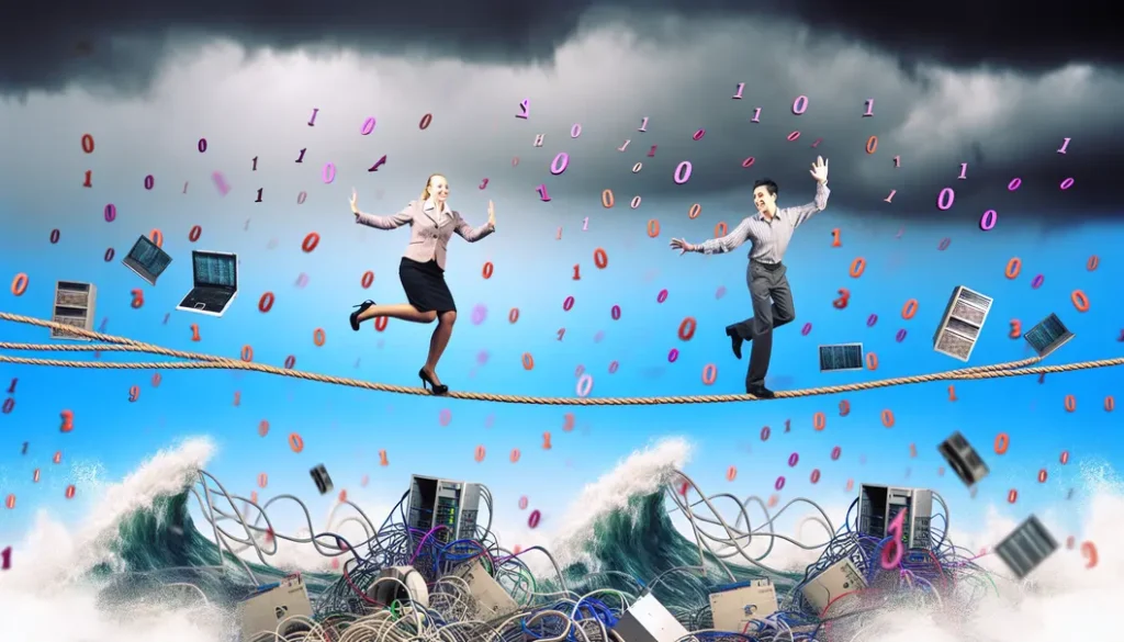 A chaotic IT office scene with managers maintaining humor.