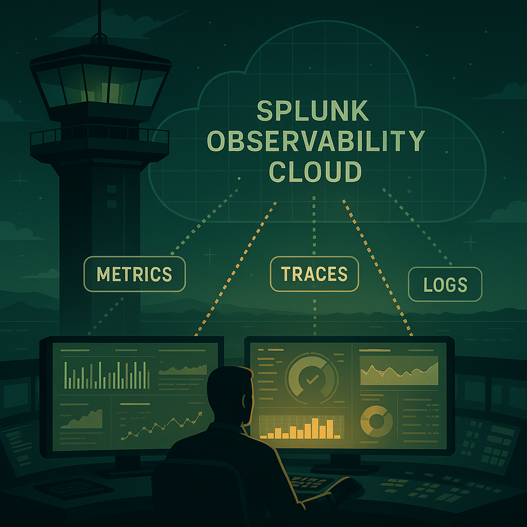 Mission control-style graphic showing Splunk Observability Cloud processing metrics, traces, and logs in real time