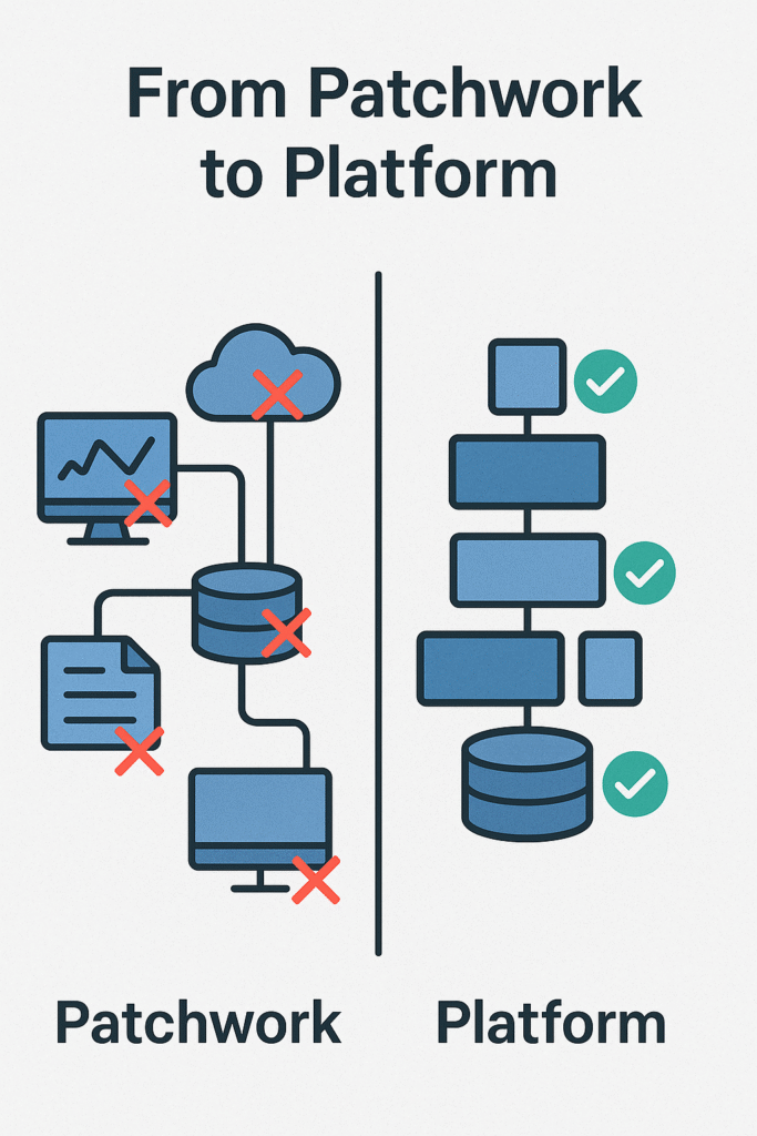 Split image comparing fragmented IT tools marked with red Xs versus a streamlined modular platform architecture marked with green checkmarks.
