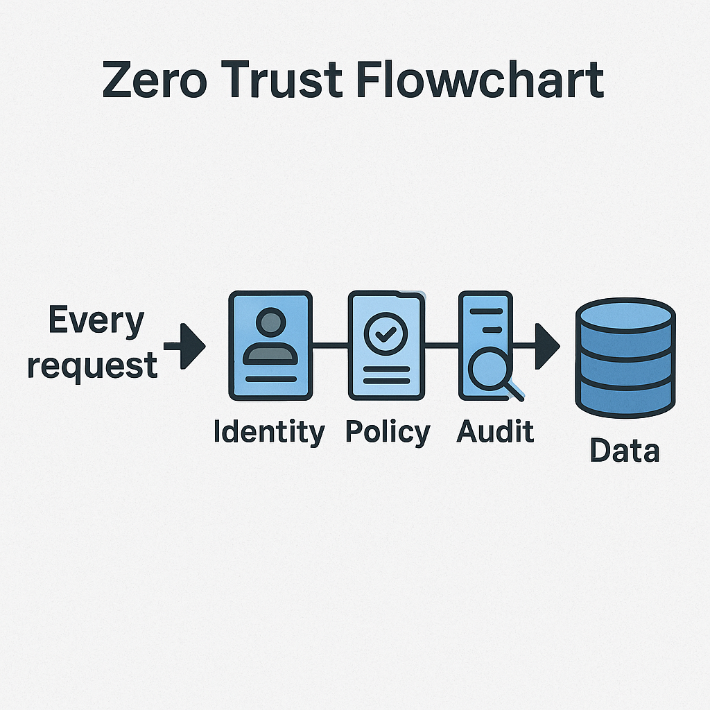 Flowchart showing Zero Trust model with identity verification, policy enforcement, and audit logging before accessing enterprise data.
