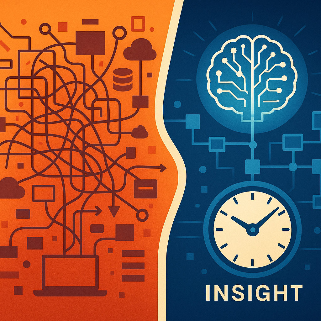 Illustration showing transformation from enterprise data chaos to streamlined AI-driven decision-making, symbolizing faster time to insight.