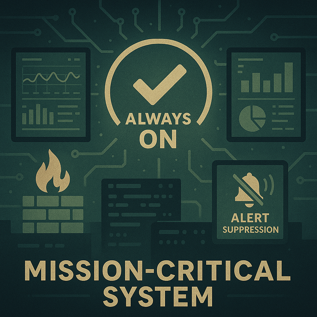 Mission-critical system with glowing uptime indicator and surrounding firewalls and alert logic