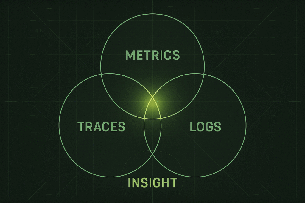 Military-style Venn diagram showing observability made of metrics, traces, and logs converging into insight