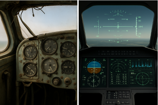 Cockpit with failing analog gauges contrasted with modern HUD showing real-time diagnostics