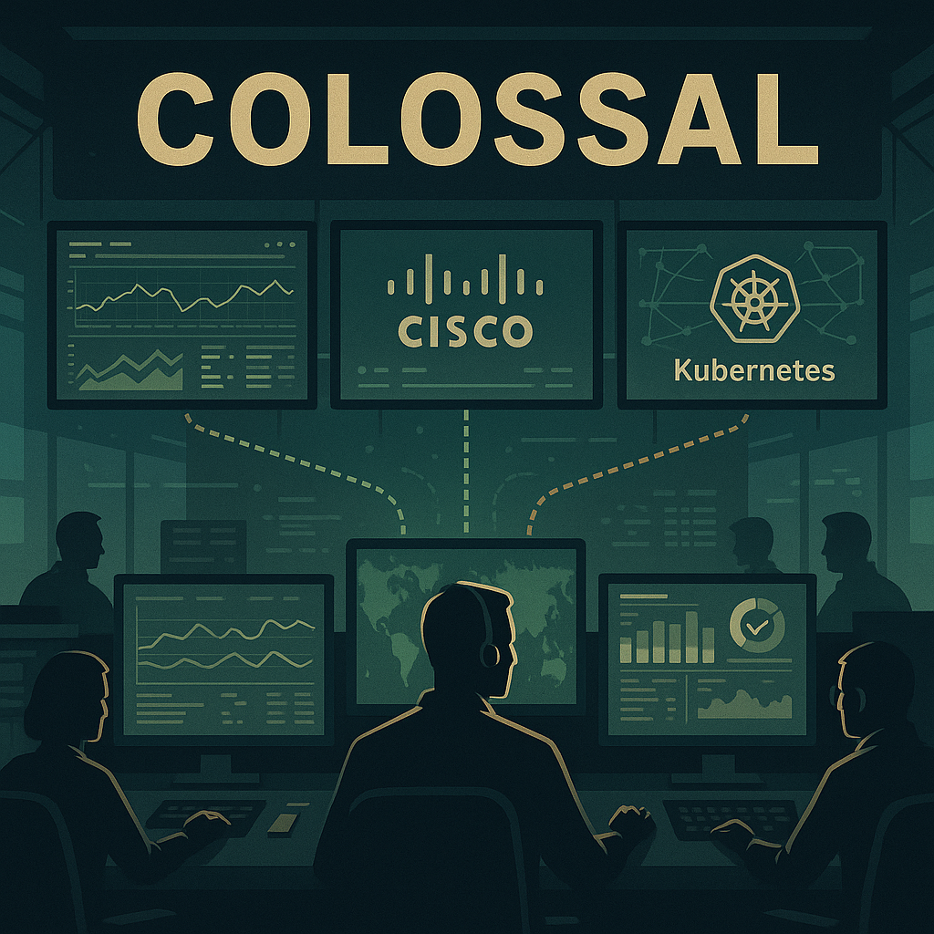 Colossal engineers in a high-stakes command center managing dashboards from Cisco, Kubernetes, and Splunk