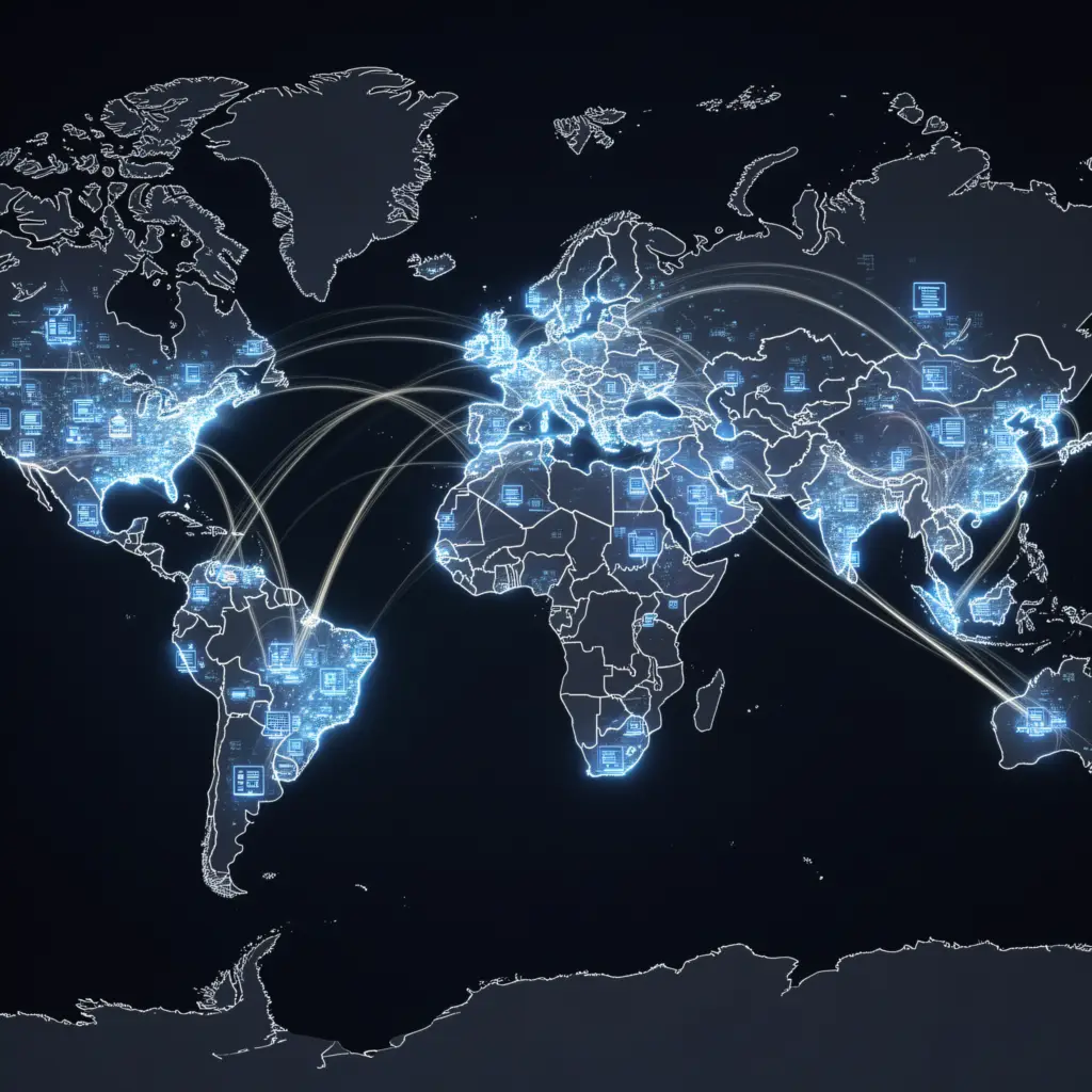 Digital world map with glowing data-center nodes in dozens of countries, each enclosed in national boundary lines, showing global cloud infrastructure splitting into sovereign regional zones.