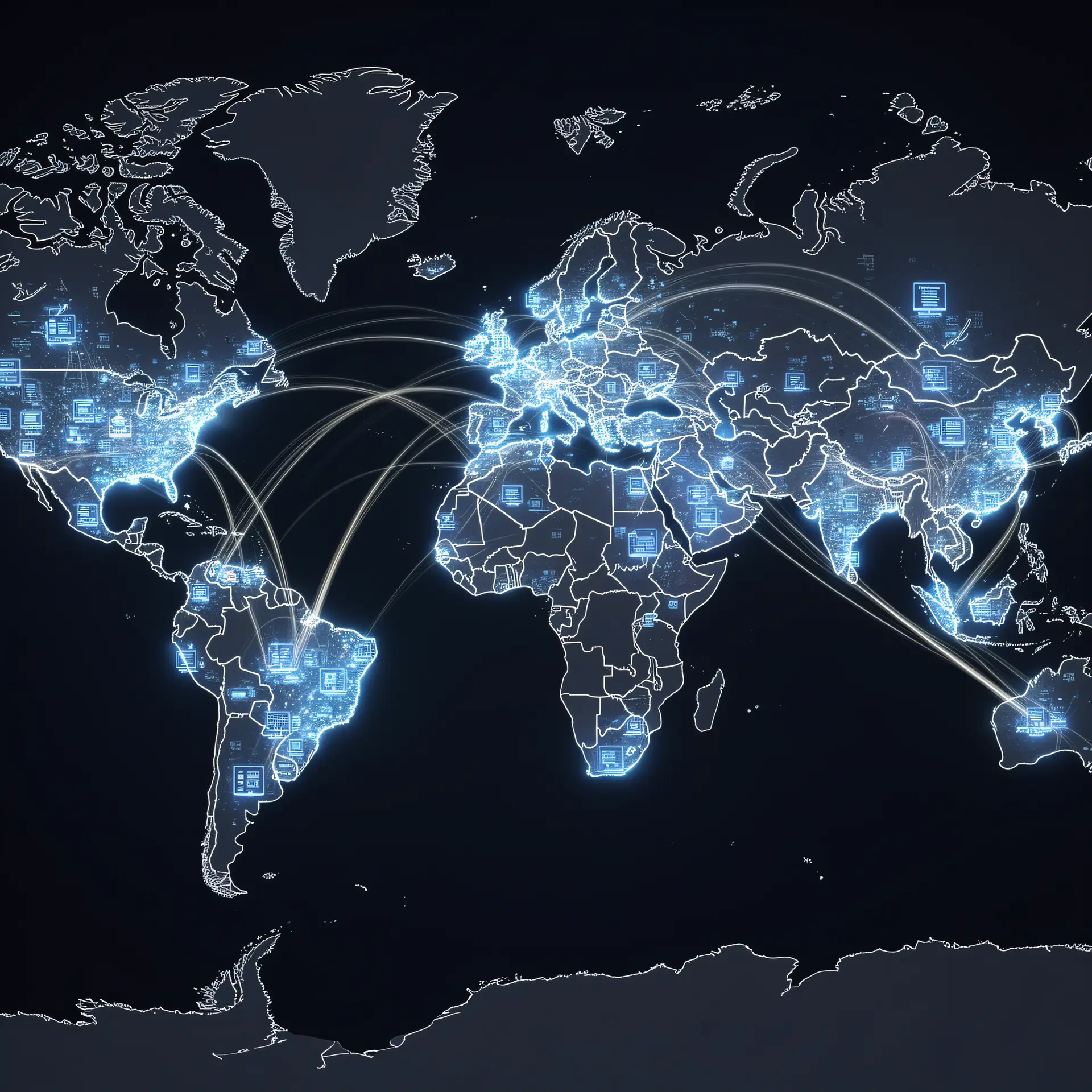 Digital world map with glowing data-center nodes in dozens of countries, each enclosed in national boundary lines, showing global cloud infrastructure splitting into sovereign regional zones.