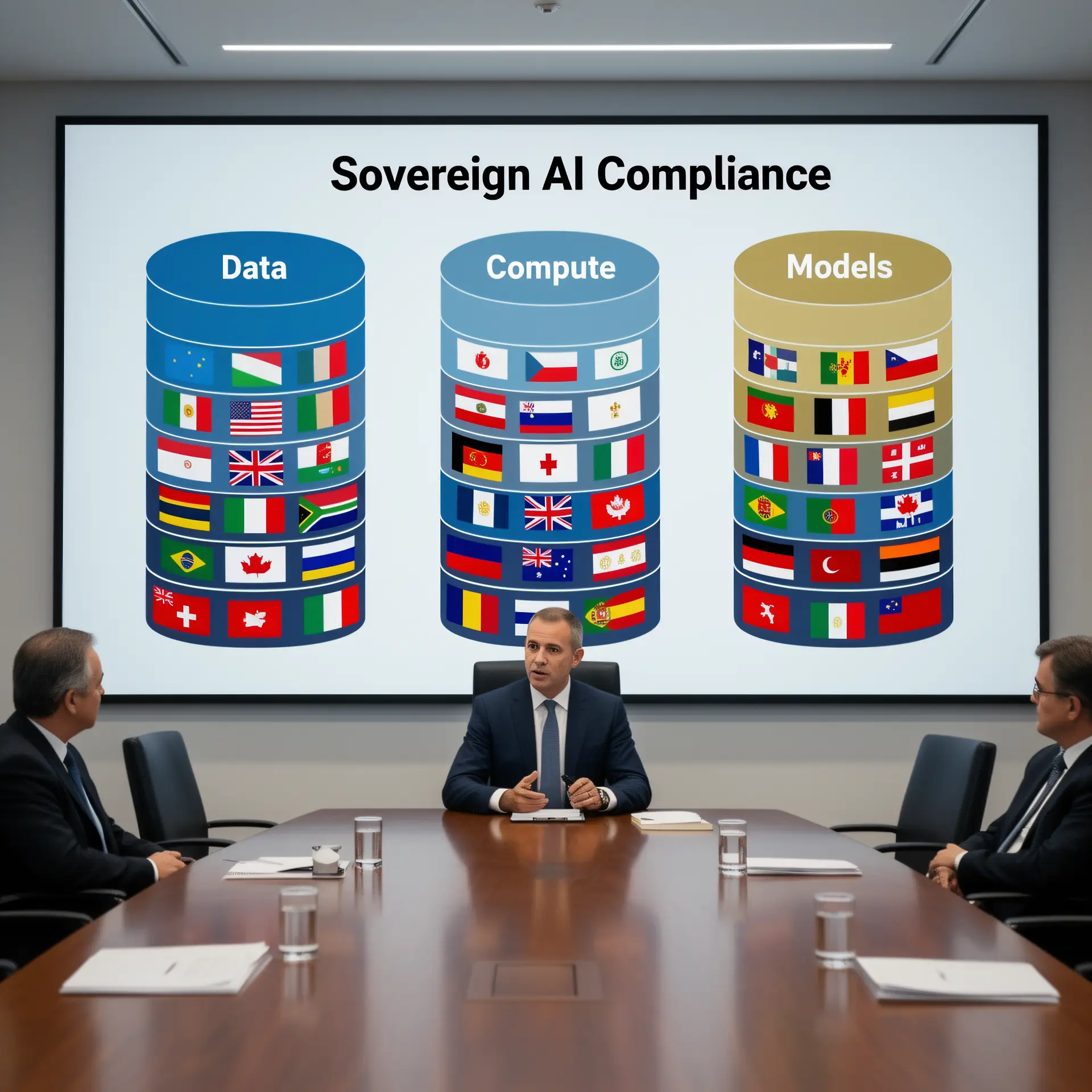 Boardroom scene where a CEO reviews a wall display of three pillars labeled data, compute, and models, each subdivided by country flags, showing sovereign AI compliance complexity across nations.