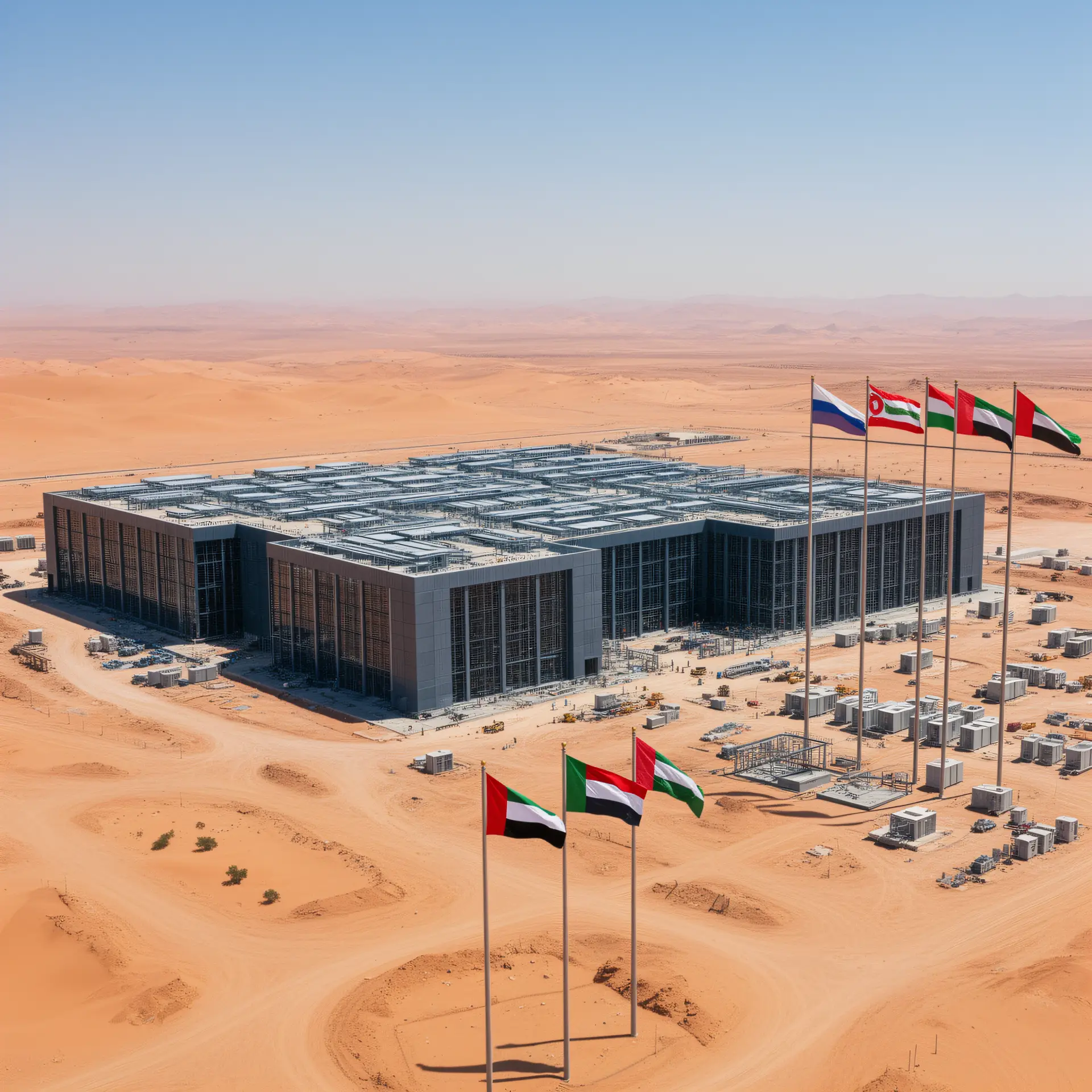 Modern data center under construction in a desert landscape with national flags nearby, showing sovereign AI infrastructure investment and localized compute capacity.