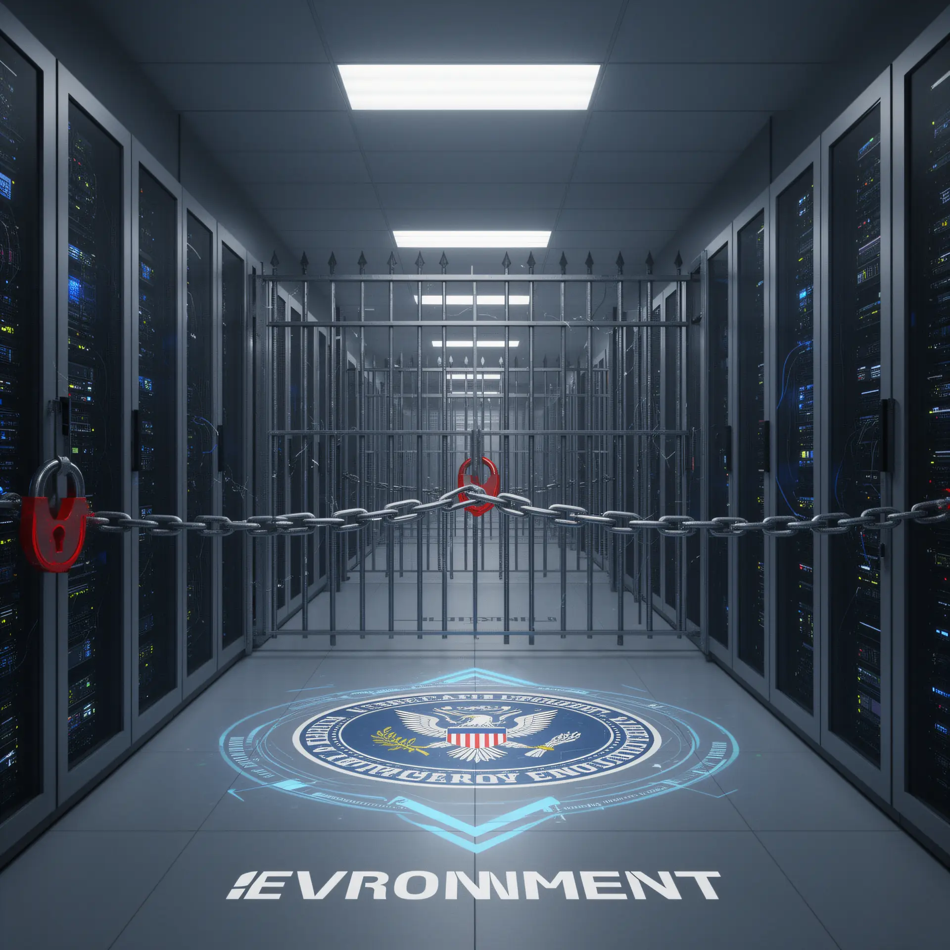 Secure government computing enclave with layered security barriers, showing how FedRAMP and air-gapped federal experience maps to commercial sovereign AI deployments.