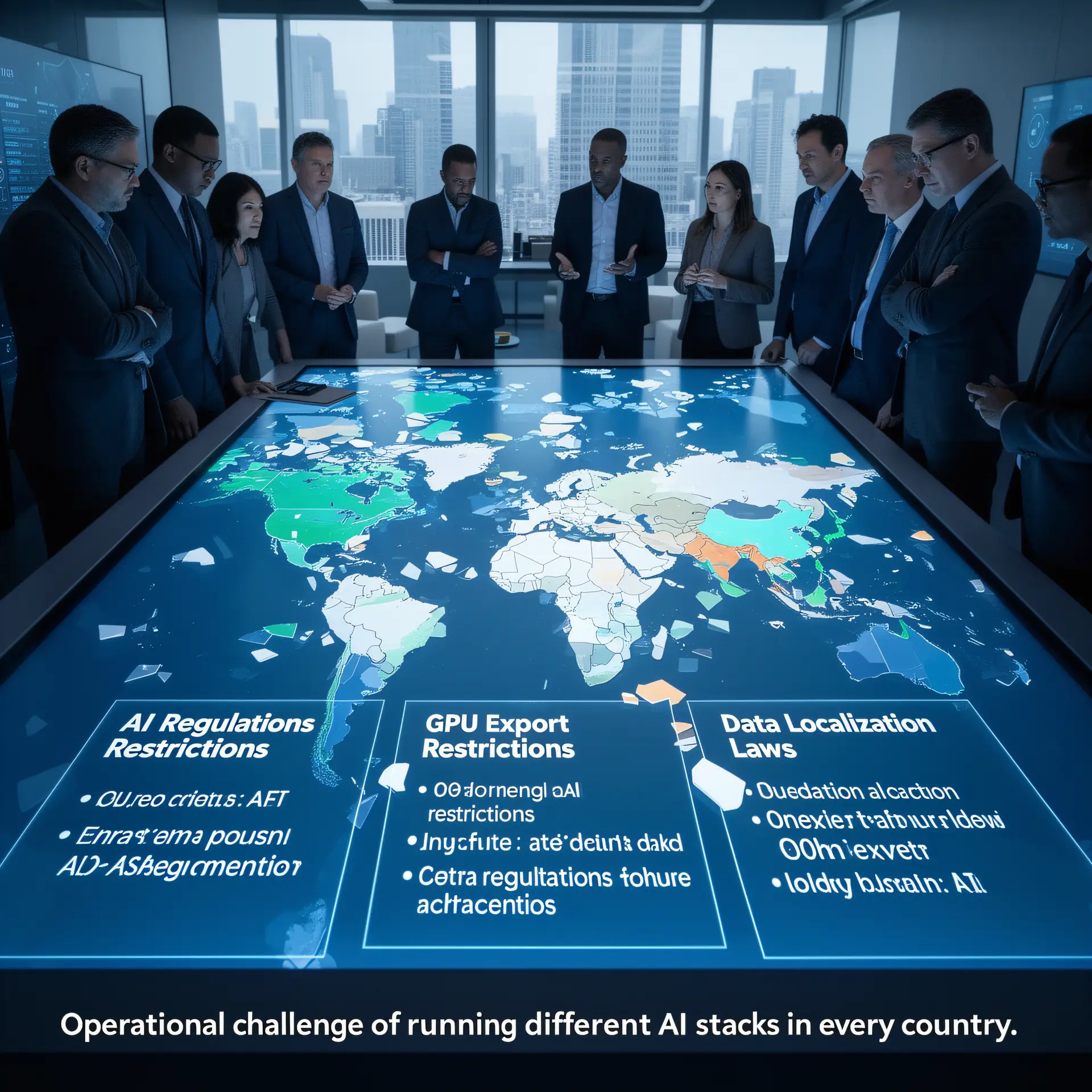Executives around an interactive table with a fragmented map of AI regulations, GPU export restrictions, and data localization laws, showing the challenge of different AI stacks per country.