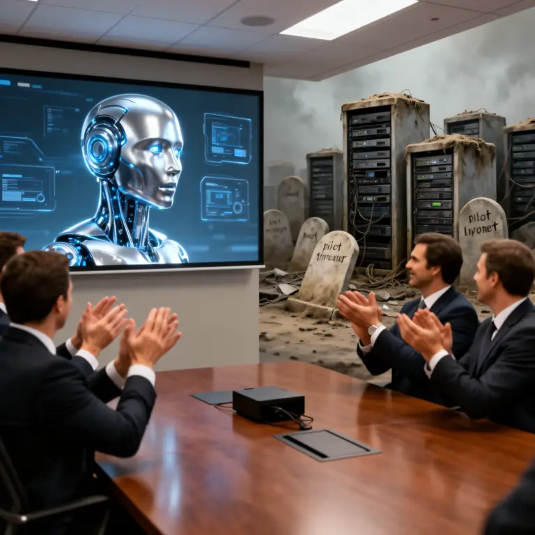AI ROI scorecard: boardroom applause for a polished AI demo while forgotten pilots sit unused on dusty servers, showing AI pilot theater.