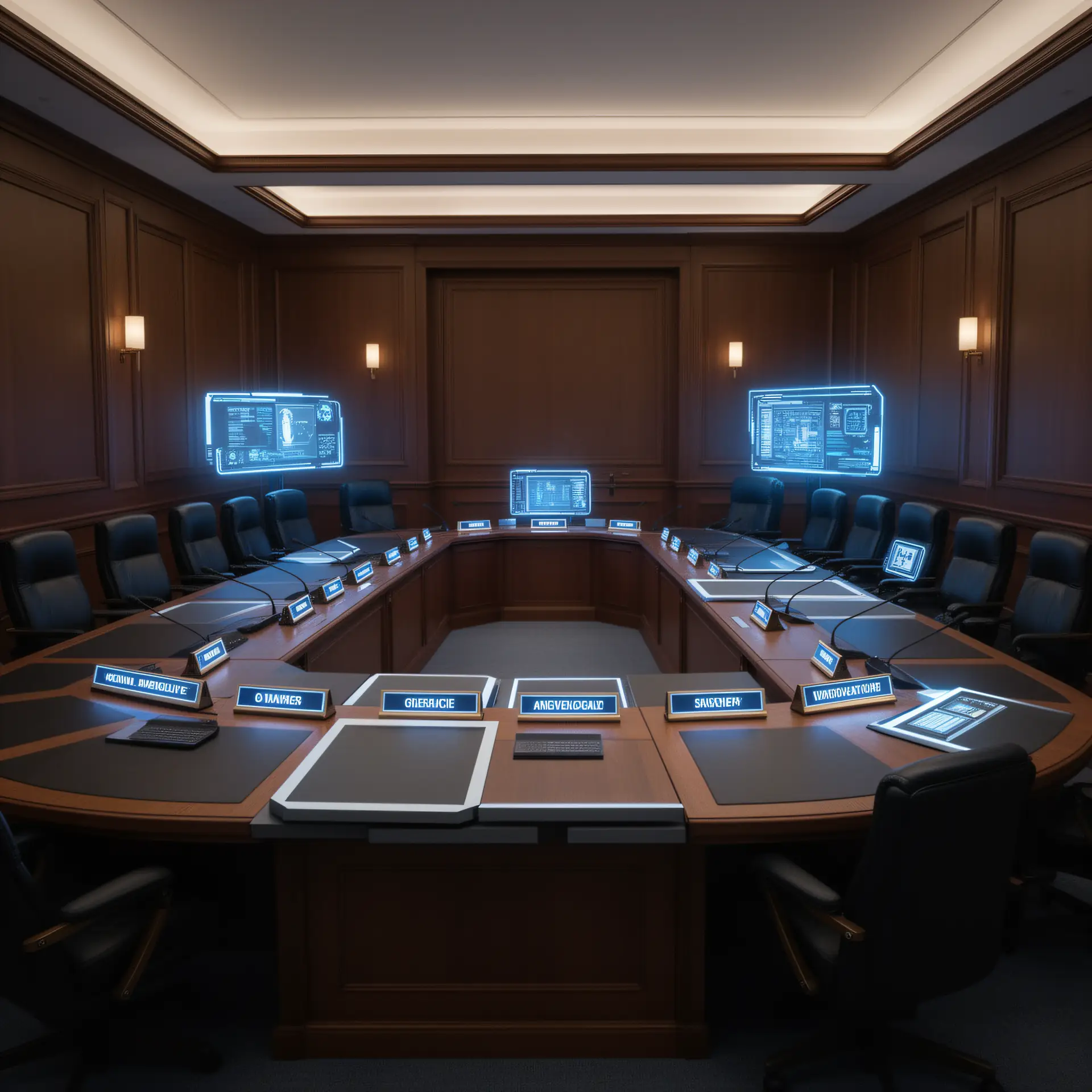 Modular C-suite: a traditional boardroom with fixed seats and nameplates being reconfigured, some chairs replaced by digital screens and modular desk segments.