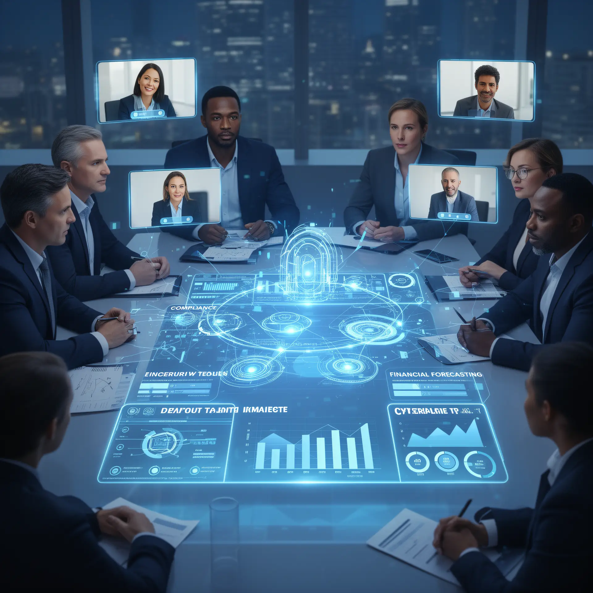 Fractional executives around a holographic conference table showing compliance, cybersecurity, and forecasting dashboards, with some members joining remotely on video panels.