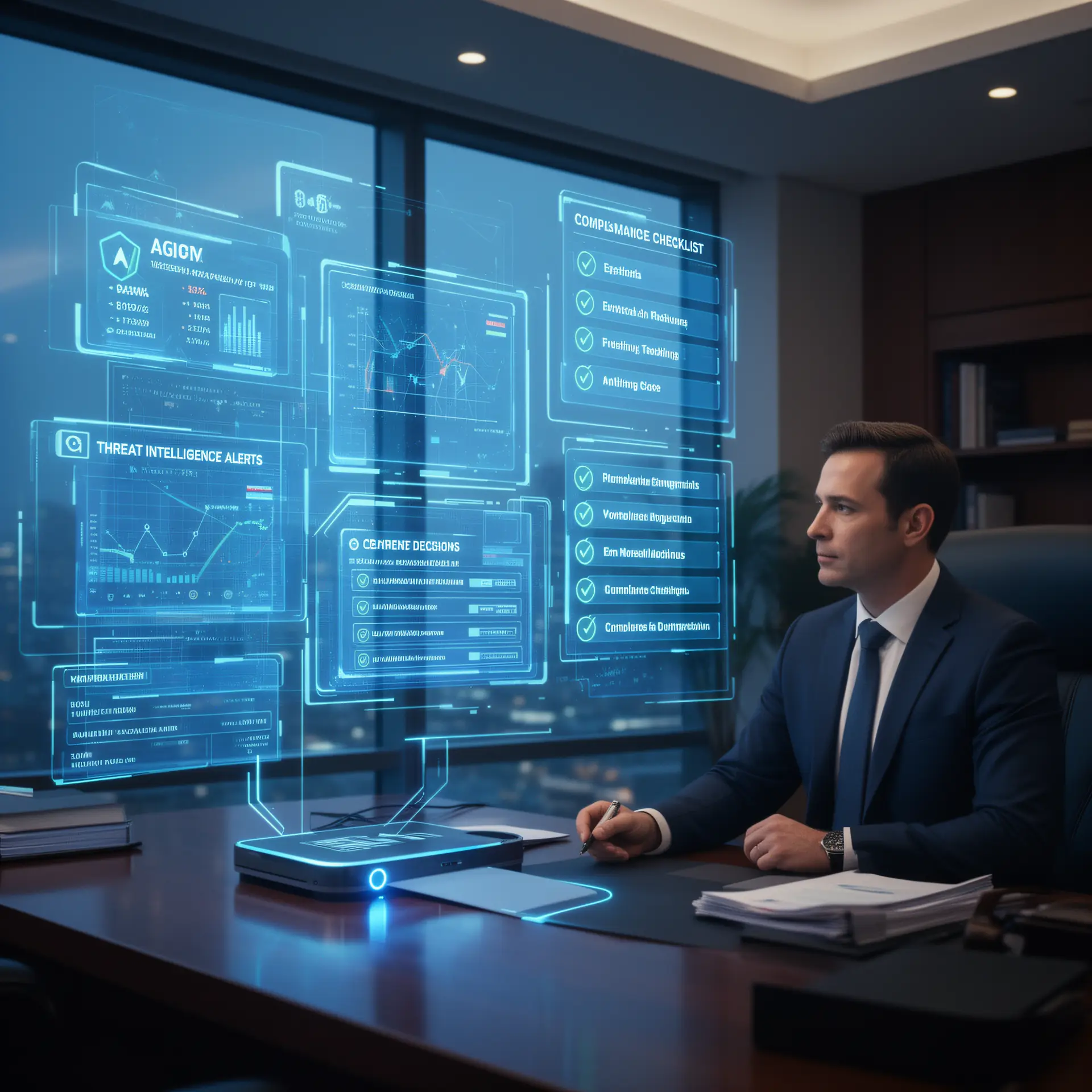 An AI agent interface in an executive office processing financial data, threat alerts, and compliance checklists while a human executive reviews and approves key decisions.