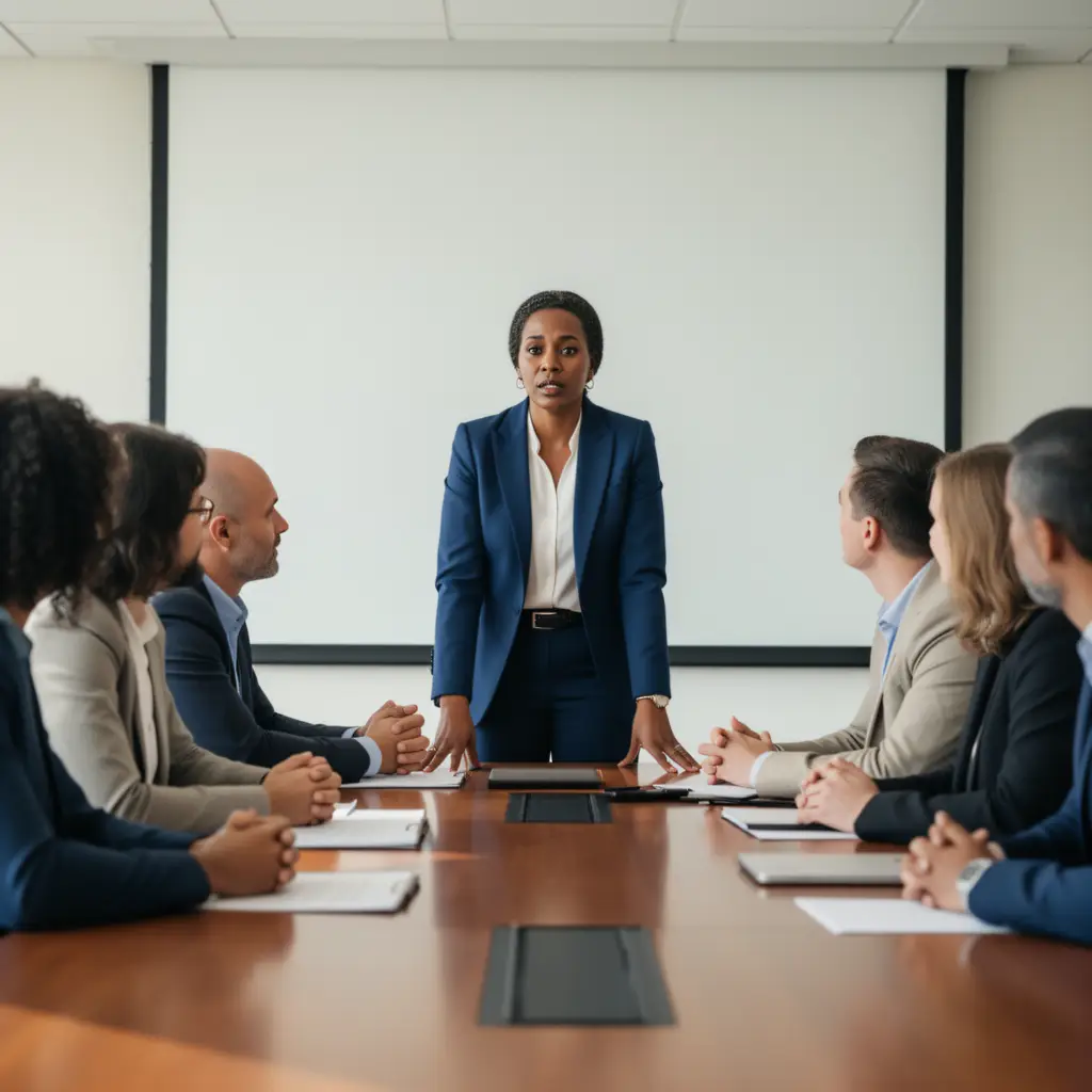 An executive stands at the front of a conference room and talks candidly with seated team members about AI and what it means for their jobs.