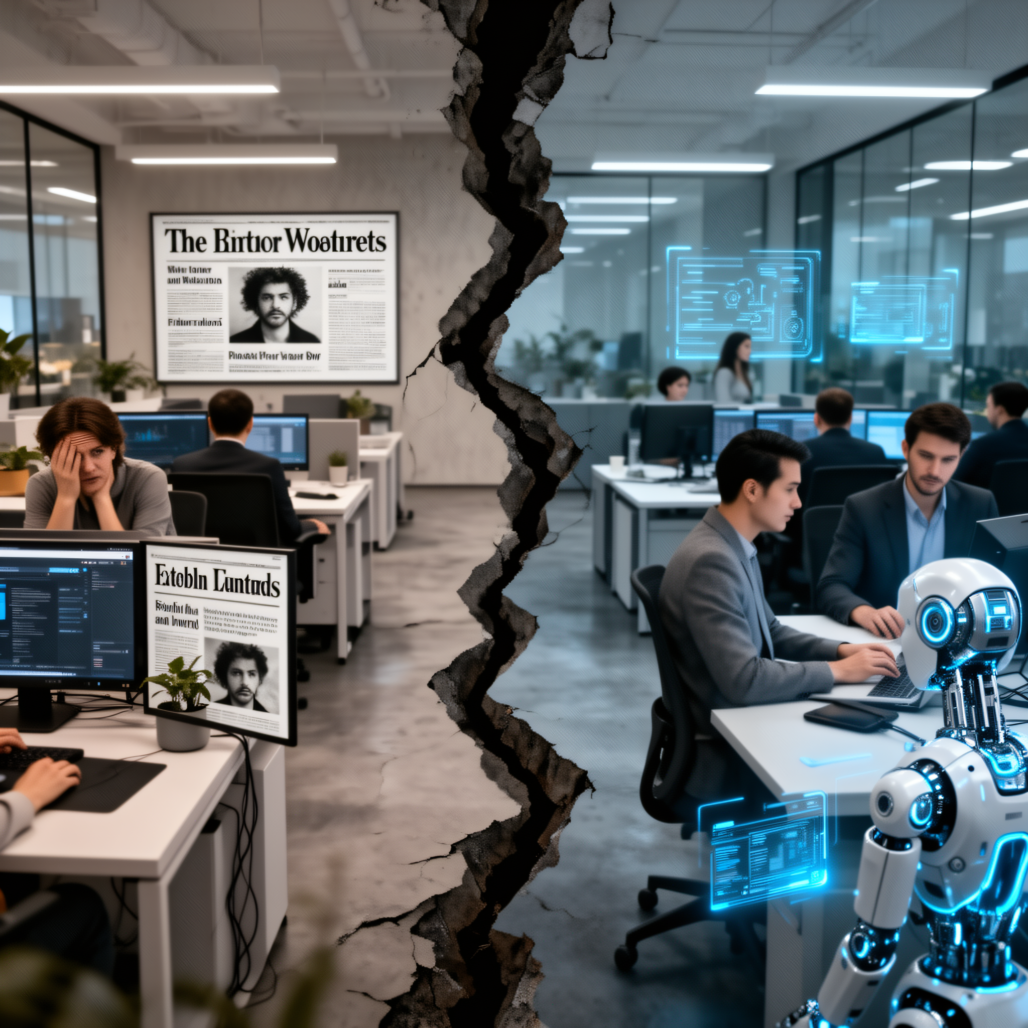 A split office floor: on one side worried employees read AI layoff headlines, on the other side people work calmly alongside AI tools.