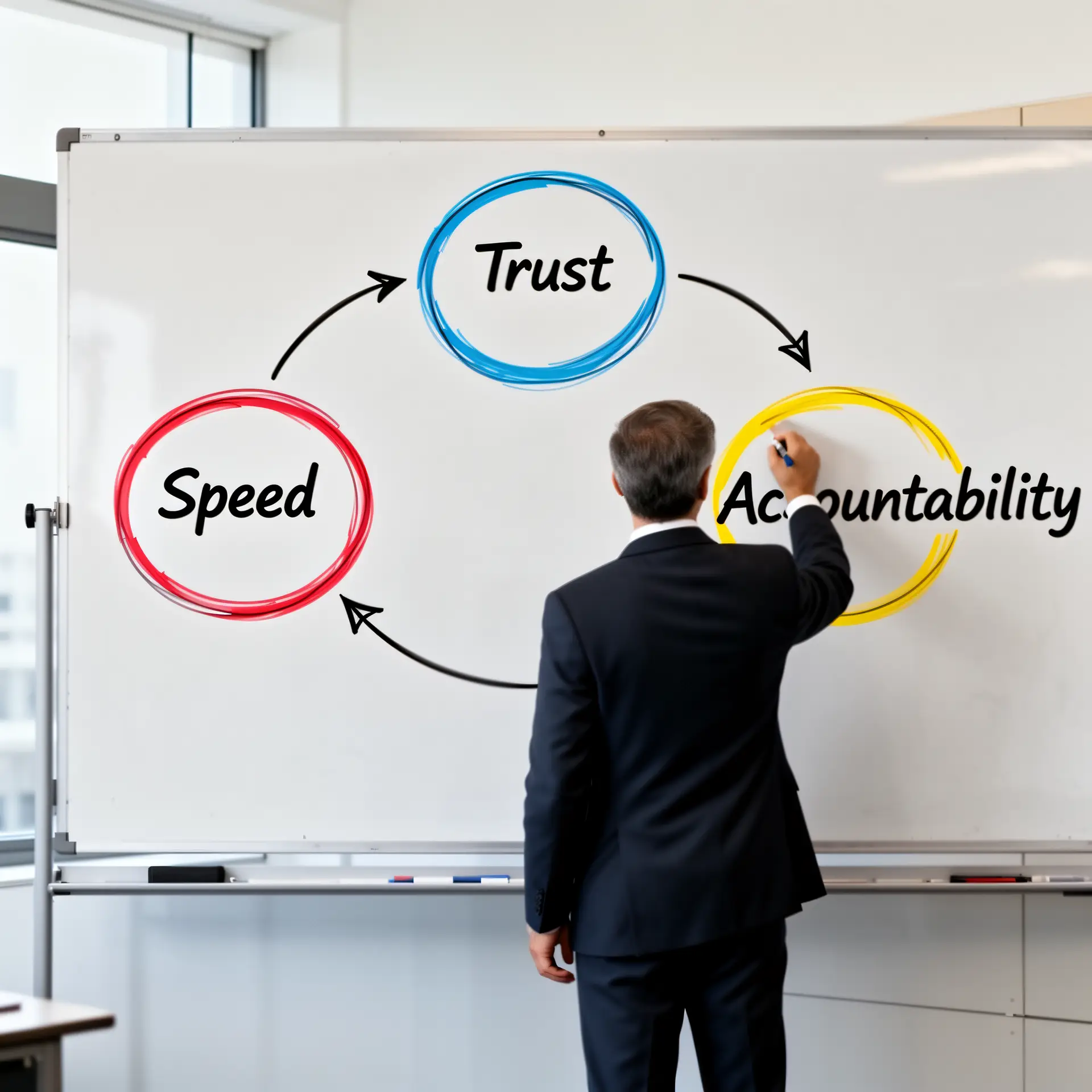 A leader at a whiteboard draws three connected circles labeled Trust, Speed, and Accountability.