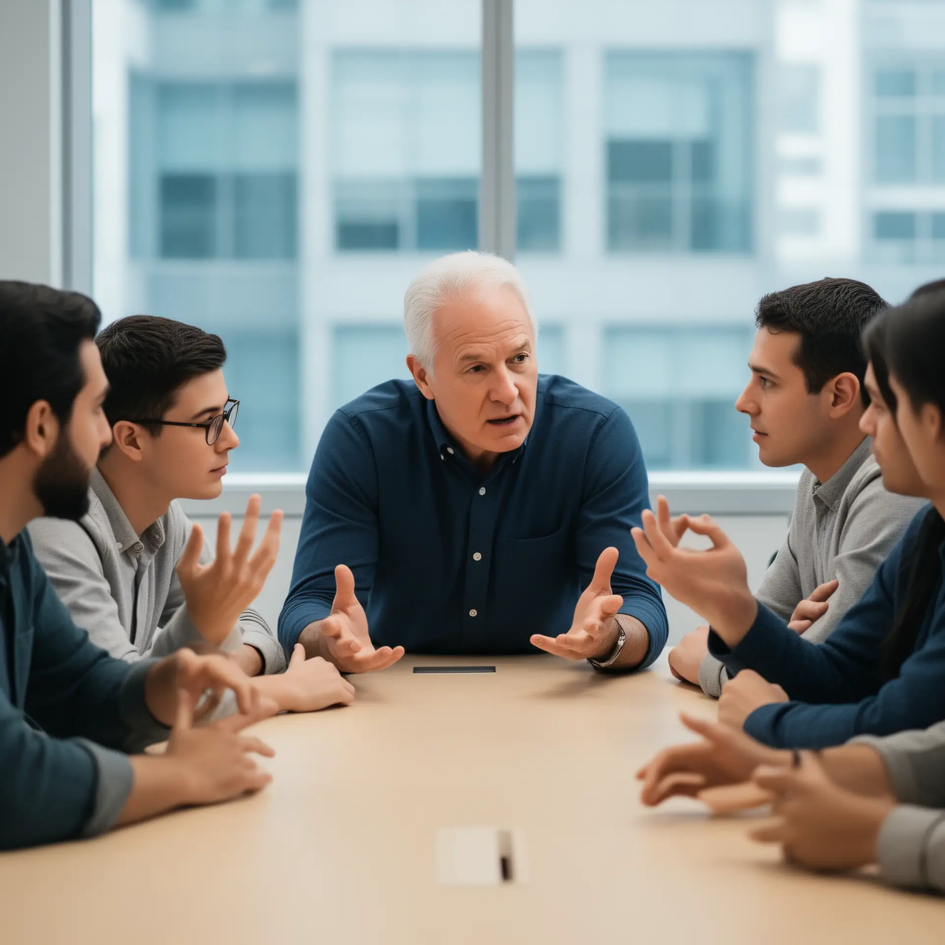 A senior technology leader leans in at a table with a small group of engineers who are asking questions about AI adoption.