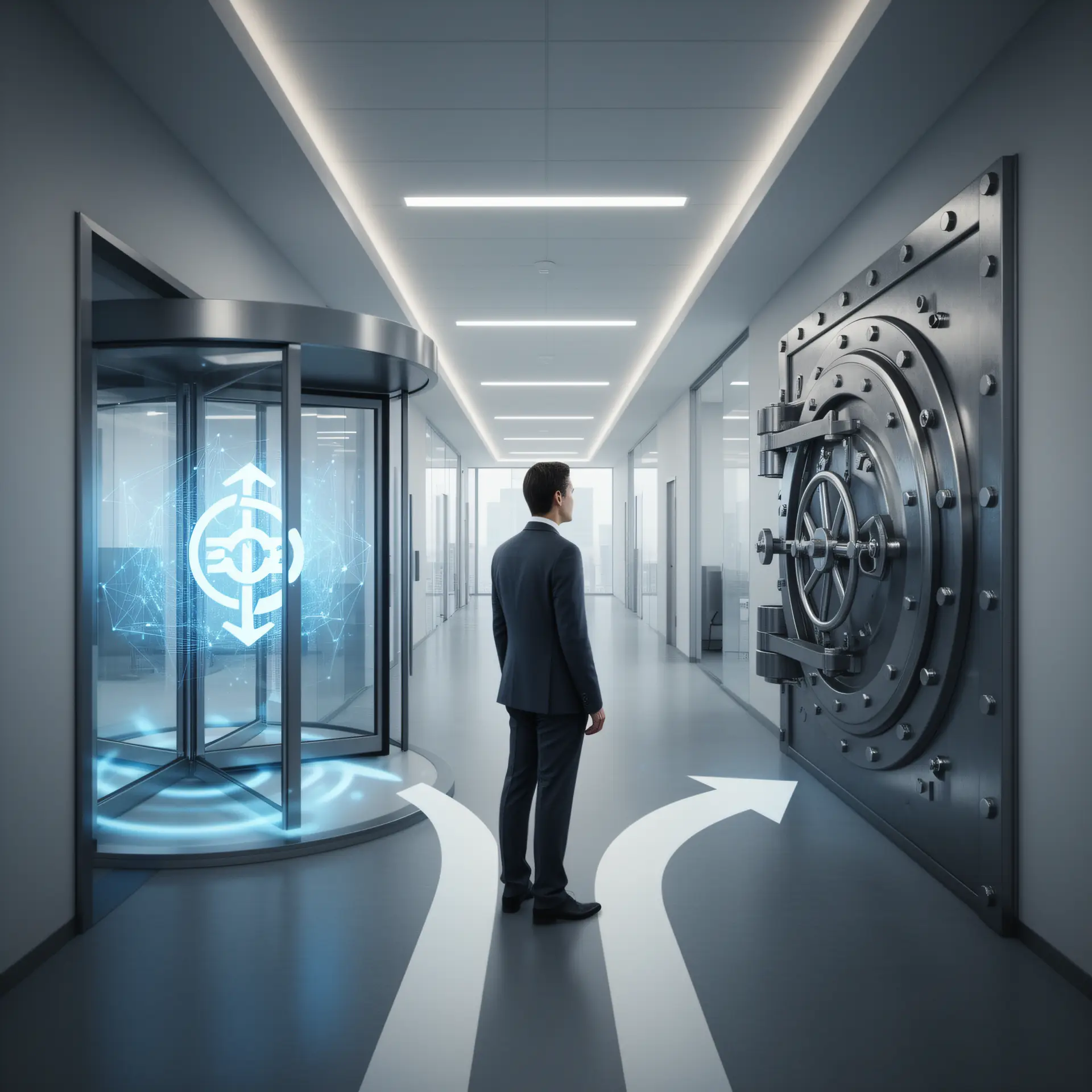 An executive in an office hallway chooses between a revolving glass door for reversible decisions and a heavy vault door for irreversible ones.