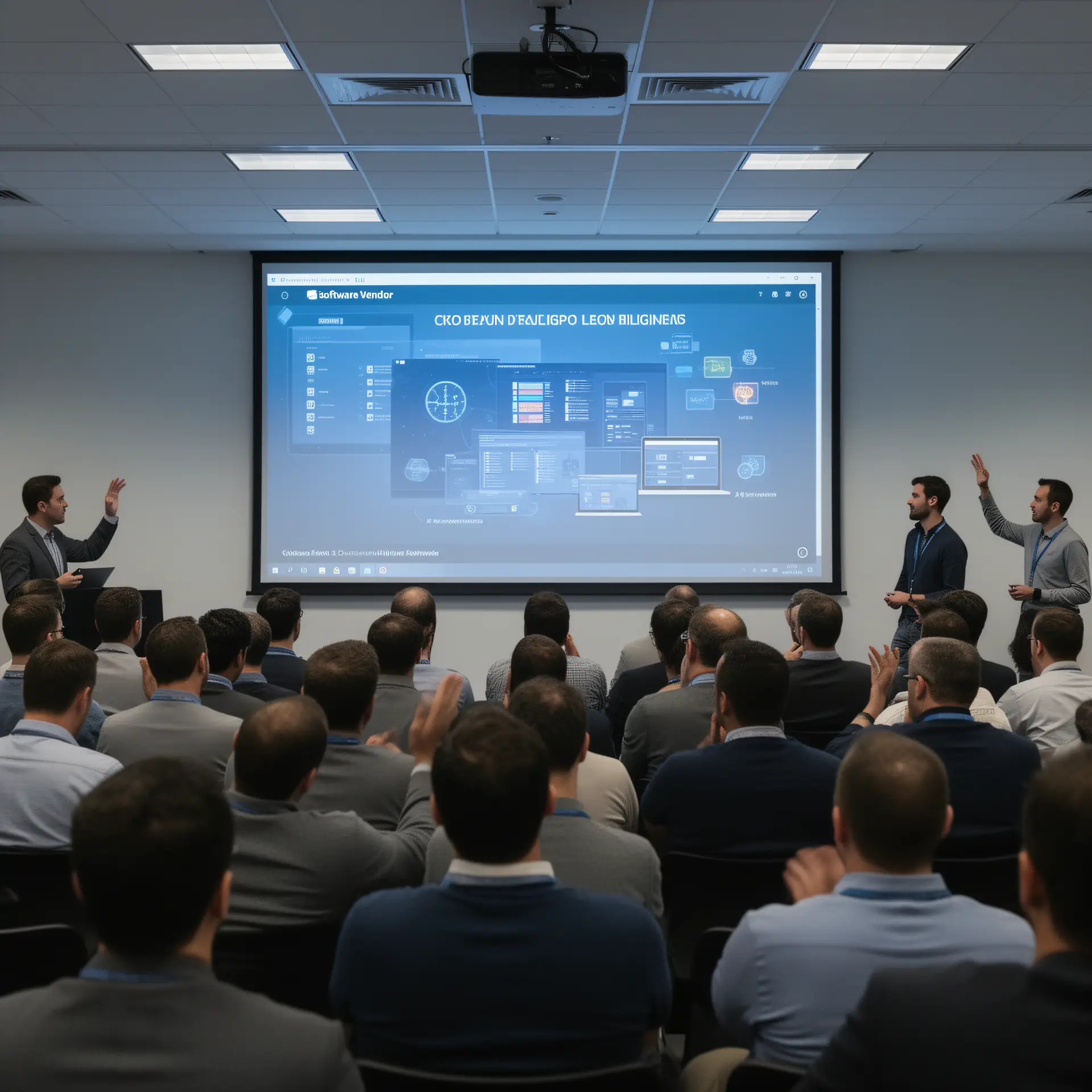 A CTO's view of a software vendor pitch, with a polished product demo on a large screen and engineers nodding along in a crowded conference room.