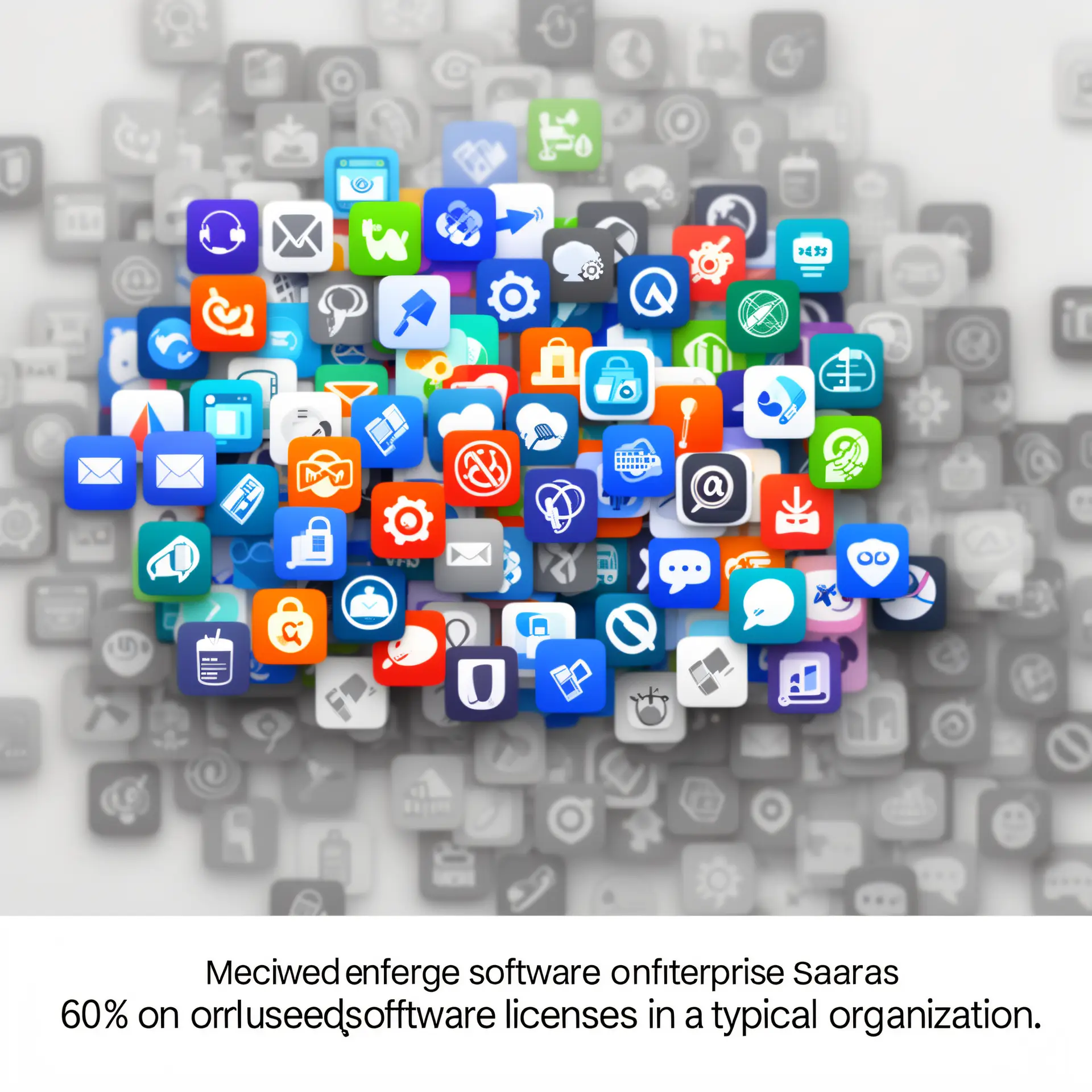 Hundreds of overlapping SaaS app icons across a digital workspace, with about half of them grayed out to show unused software licenses.