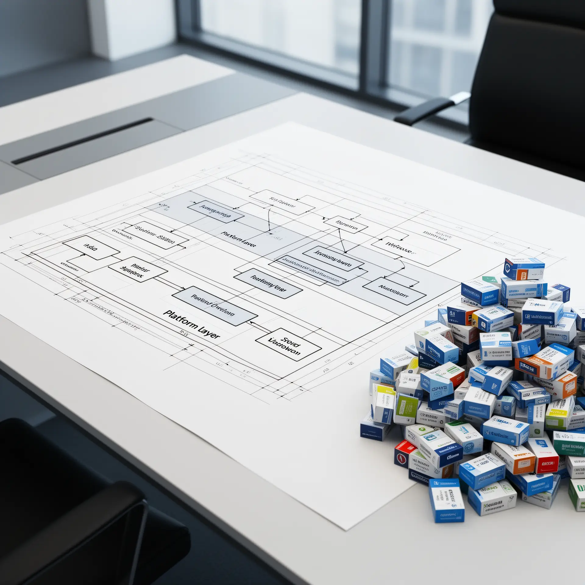 An architecture blueprint of connected system layers on an executive desk, with a pile of boxed software products pushed off to the side.