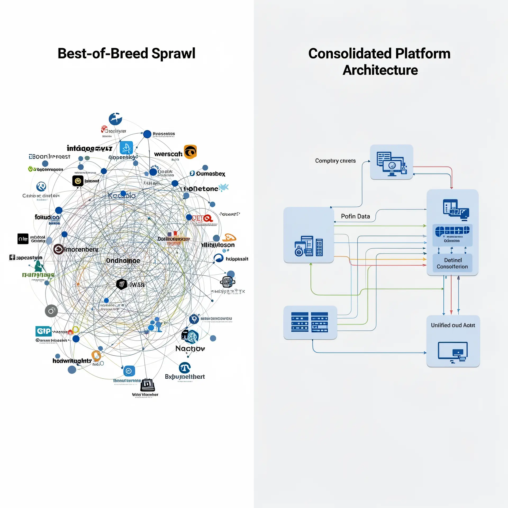 Side by side comparison of a tangled web of disconnected point solutions and a clean, consolidated platform with unified data flows.