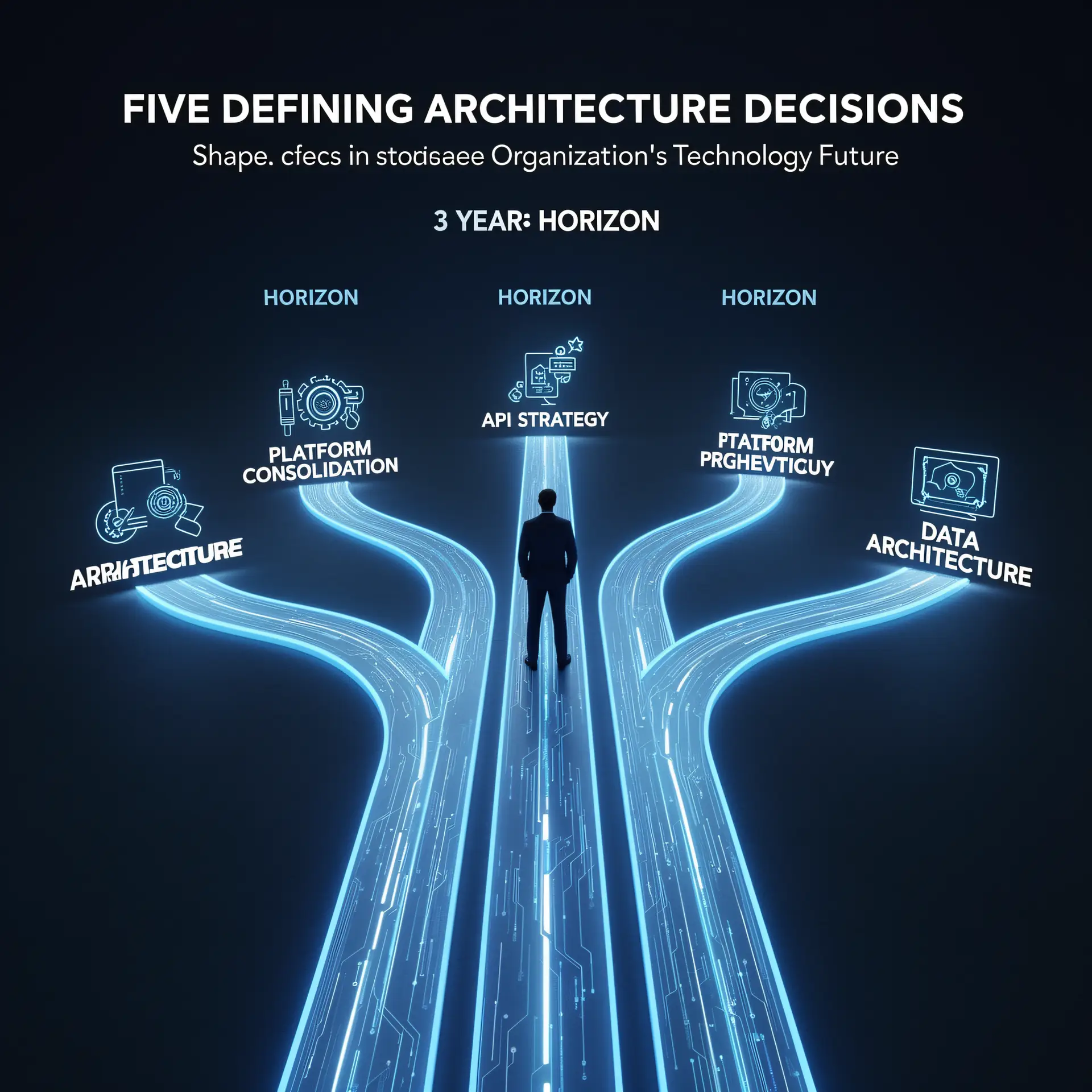 A CTO at a crossroads of five lit pathways stretching toward a three-year horizon, each one a different architecture decision.