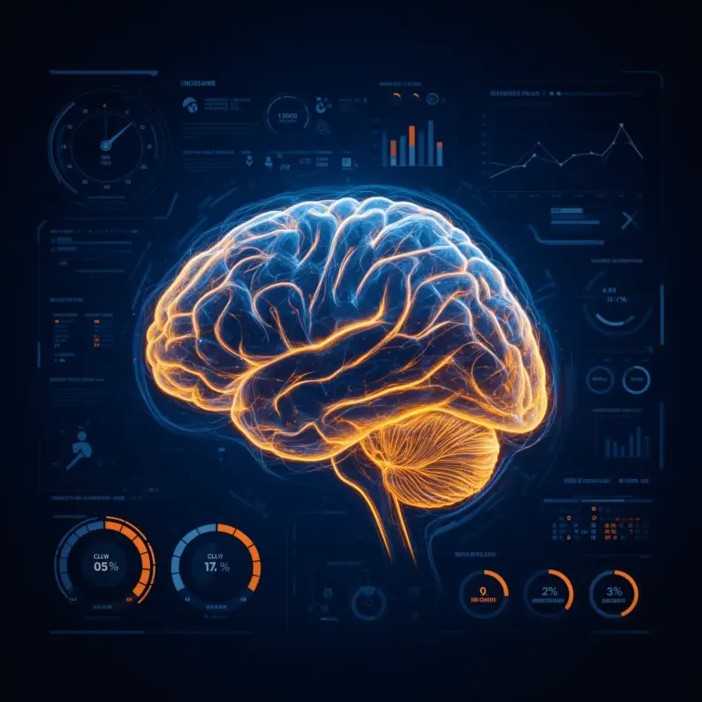 Cognitive endurance: an executive's brain shown as a system dashboard with glowing neural pathways and gauges tracking cognitive load.