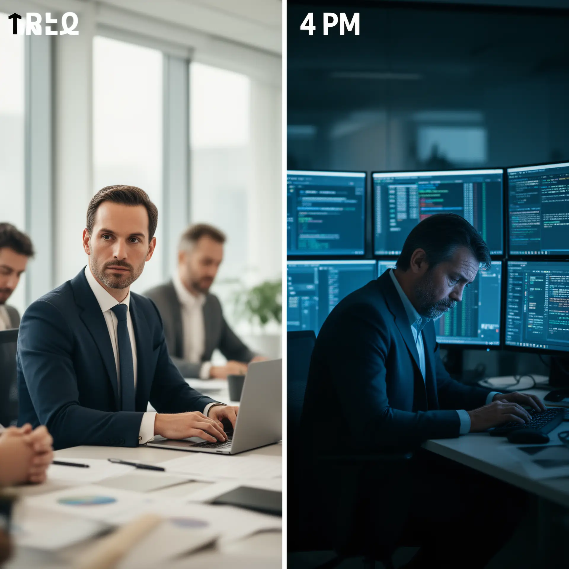 Split screen of the same executive at two times of day, sharp and focused in a morning meeting on the left and visibly fatigued before glowing screens at 4 PM on the right.