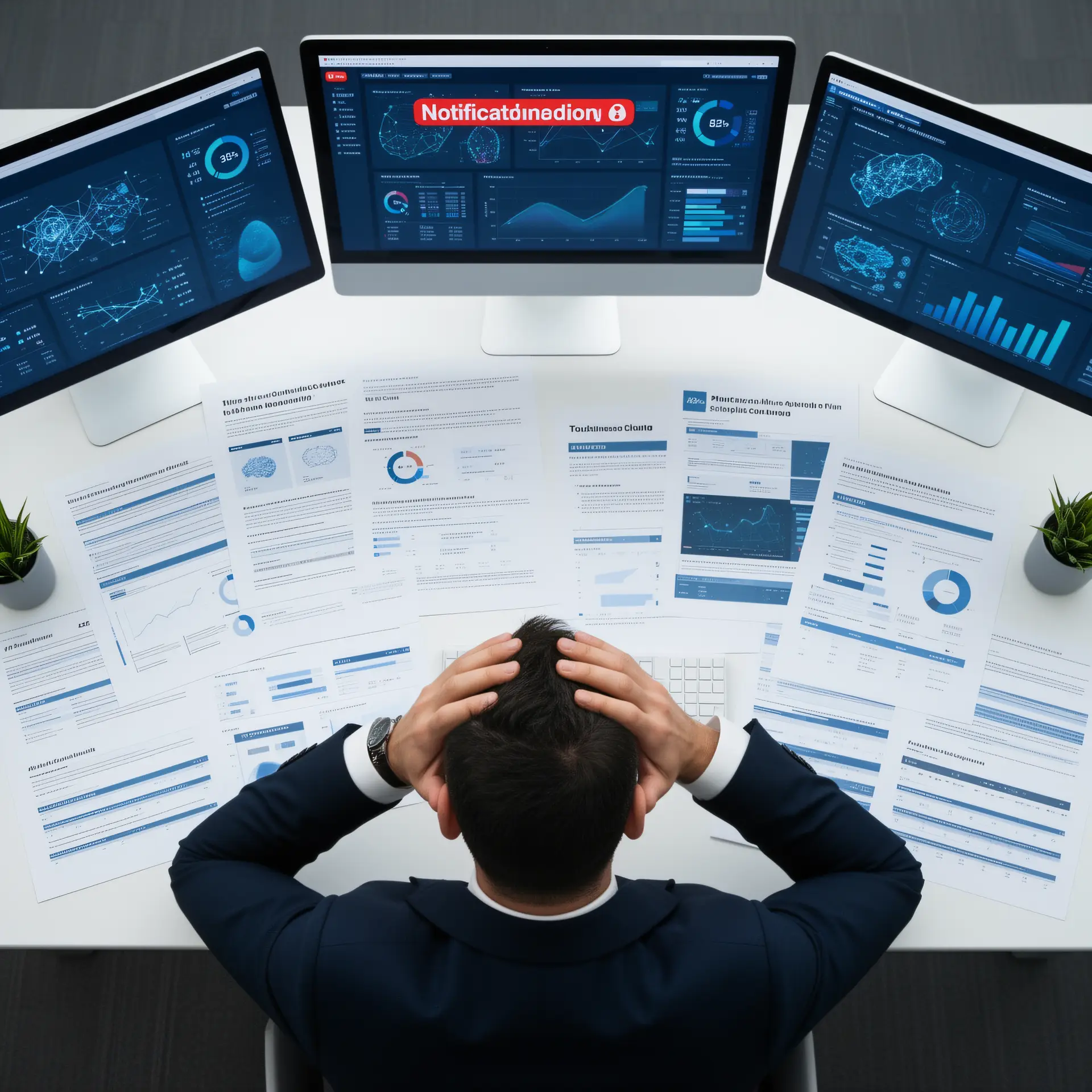 Overhead view of an executive's desk crowded with AI-generated reports, dashboards, and notification alerts while the executive presses their hands to their temples.