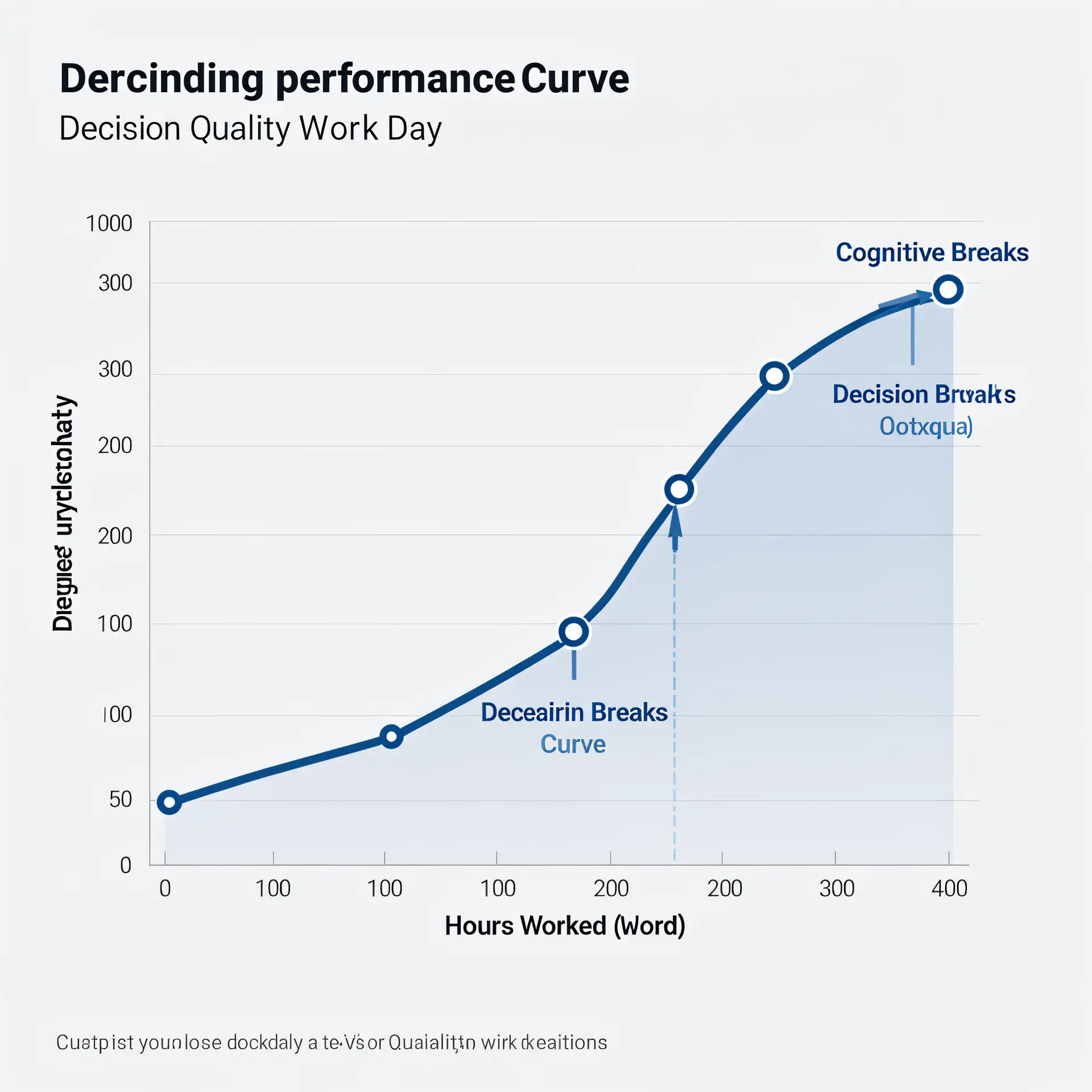 Chart of decision quality falling across the workday, with short recovery breaks marked where the curve resets upward.
