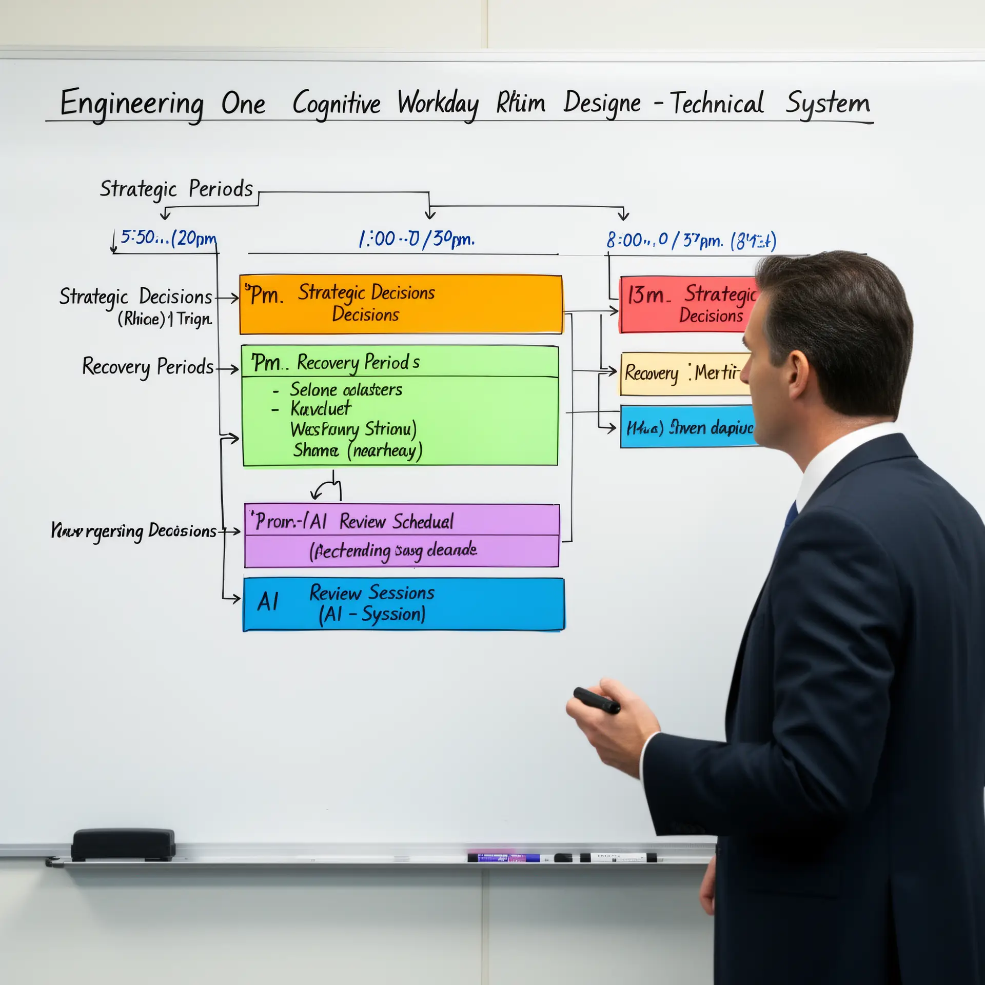 An executive at a whiteboard mapping a daily schedule like a system architecture diagram, with color-coded blocks for strategic decisions, recovery, and AI review.
