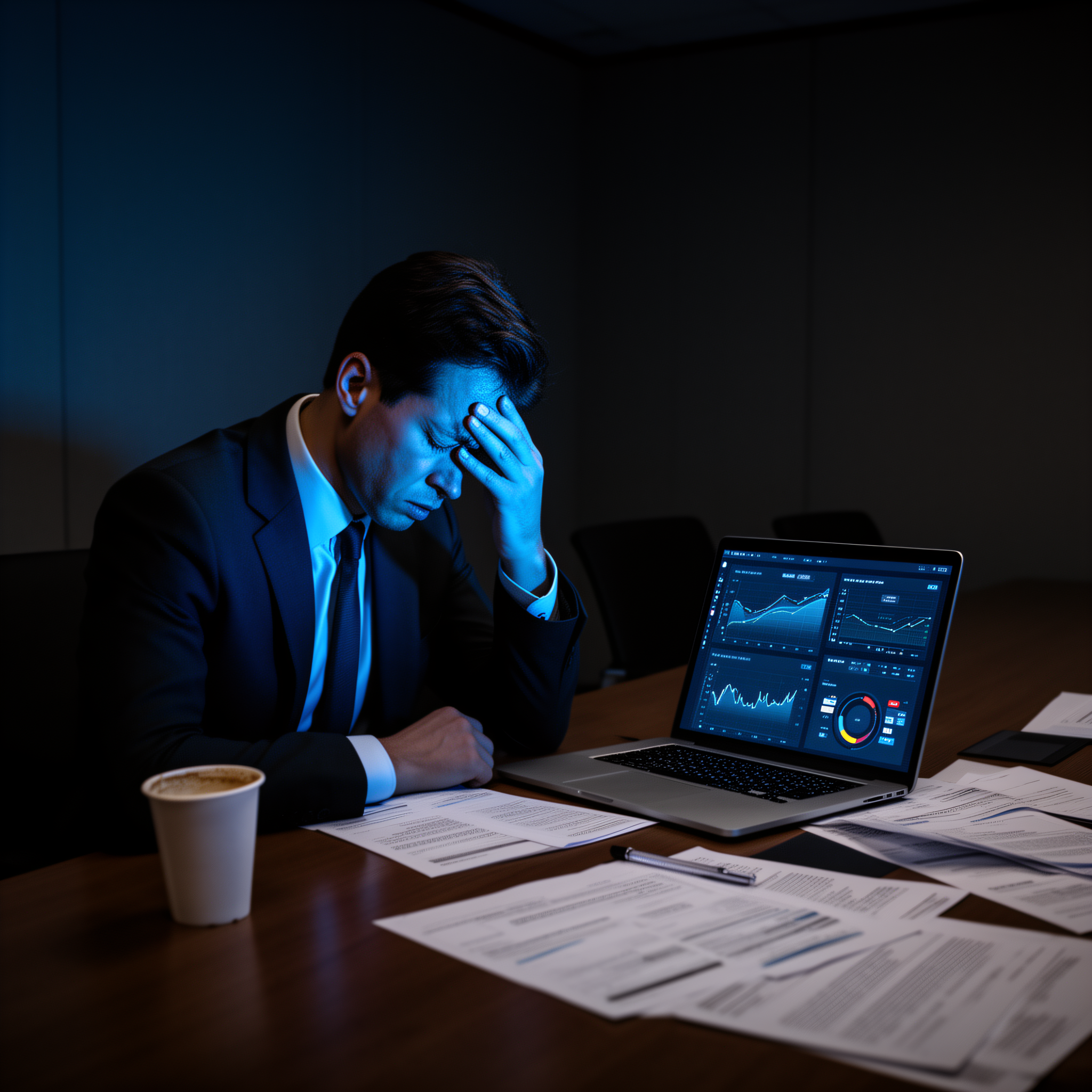 executive burnout P&L: A stressed executive sitting alone in a dim boardroom late at night, laptop open with financial dashboards glowing on screen, face illuminated by blue light showing visible exhaustion, with an empty coffee cup and scattered documents symbolizing the toll of burnout on leadership performance.