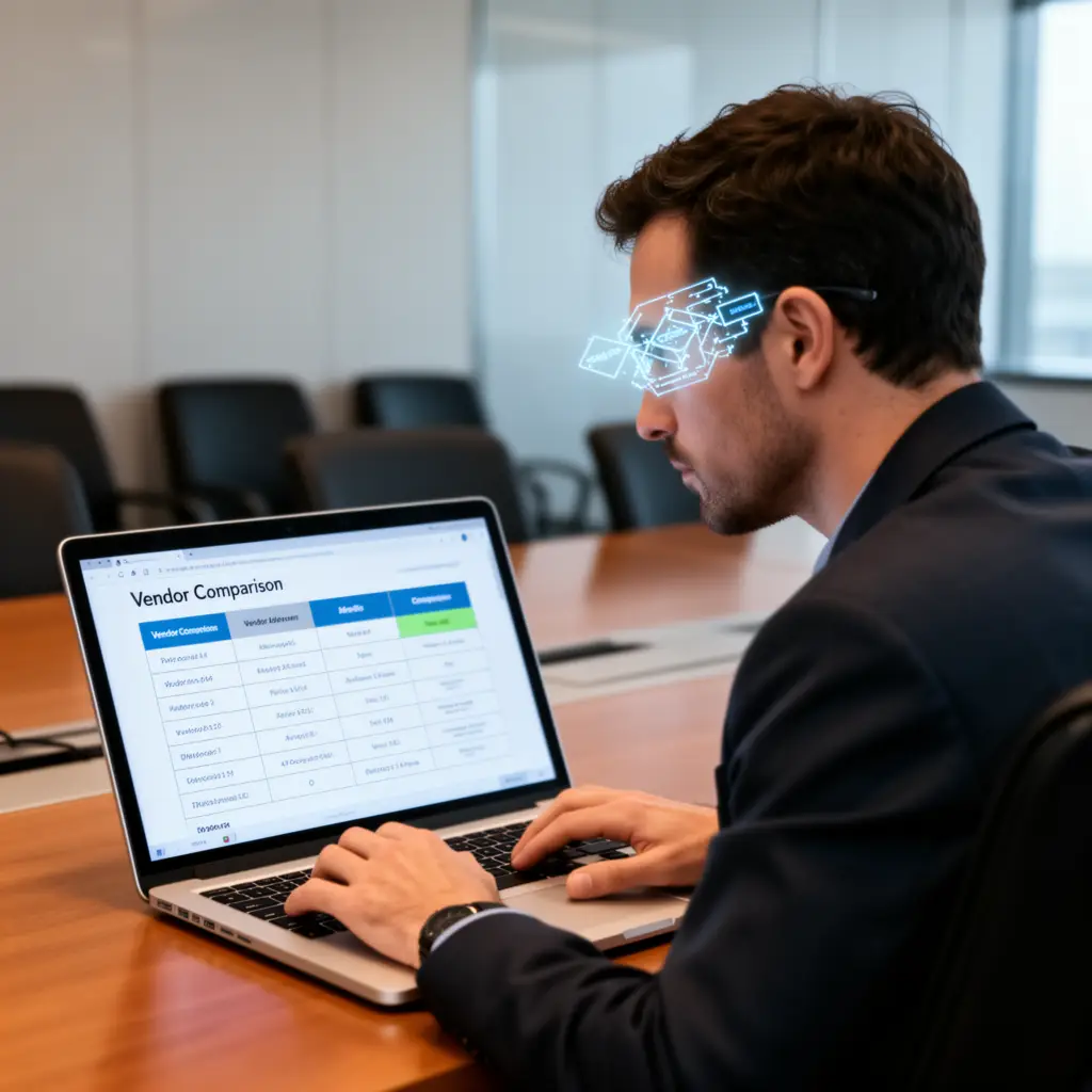 Executive authority gap: a CTO at a conference table studies a vendor comparison matrix on a laptop, with an algorithm flowchart reflected in his glasses.