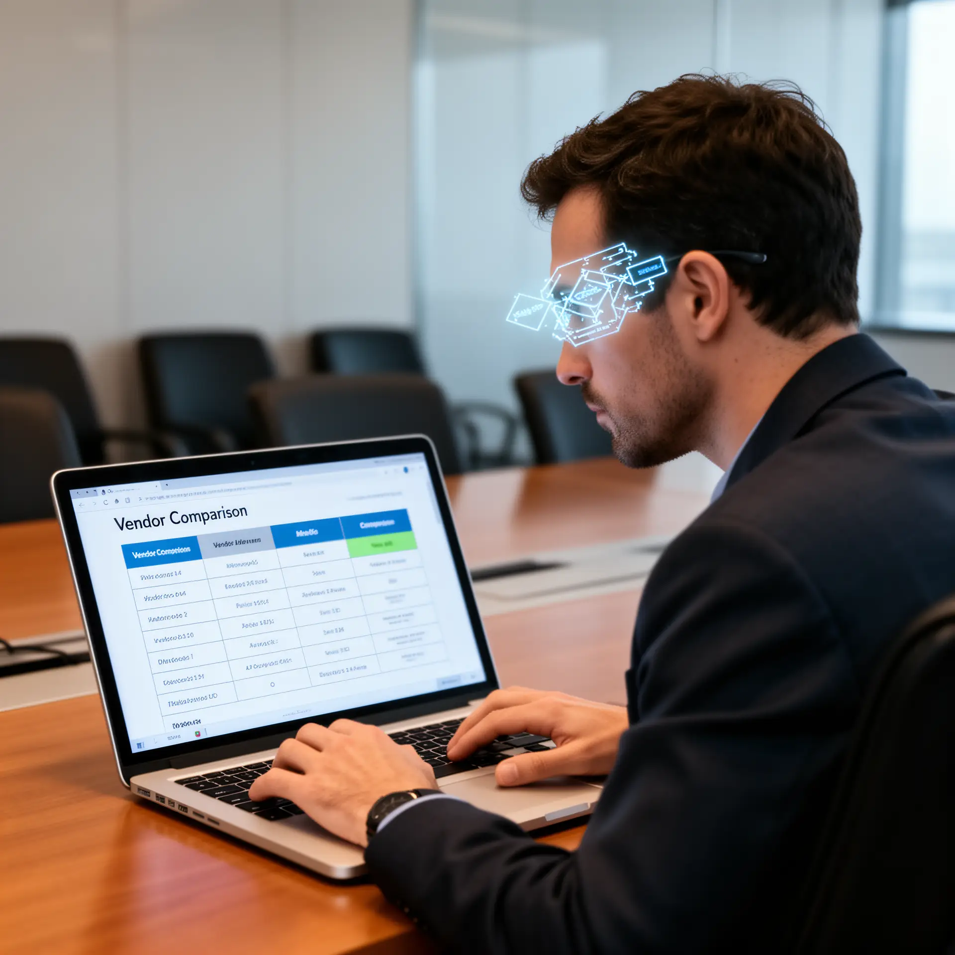 Executive authority gap: a CTO at a conference table studies a vendor comparison matrix on a laptop, with an algorithm flowchart reflected in his glasses.