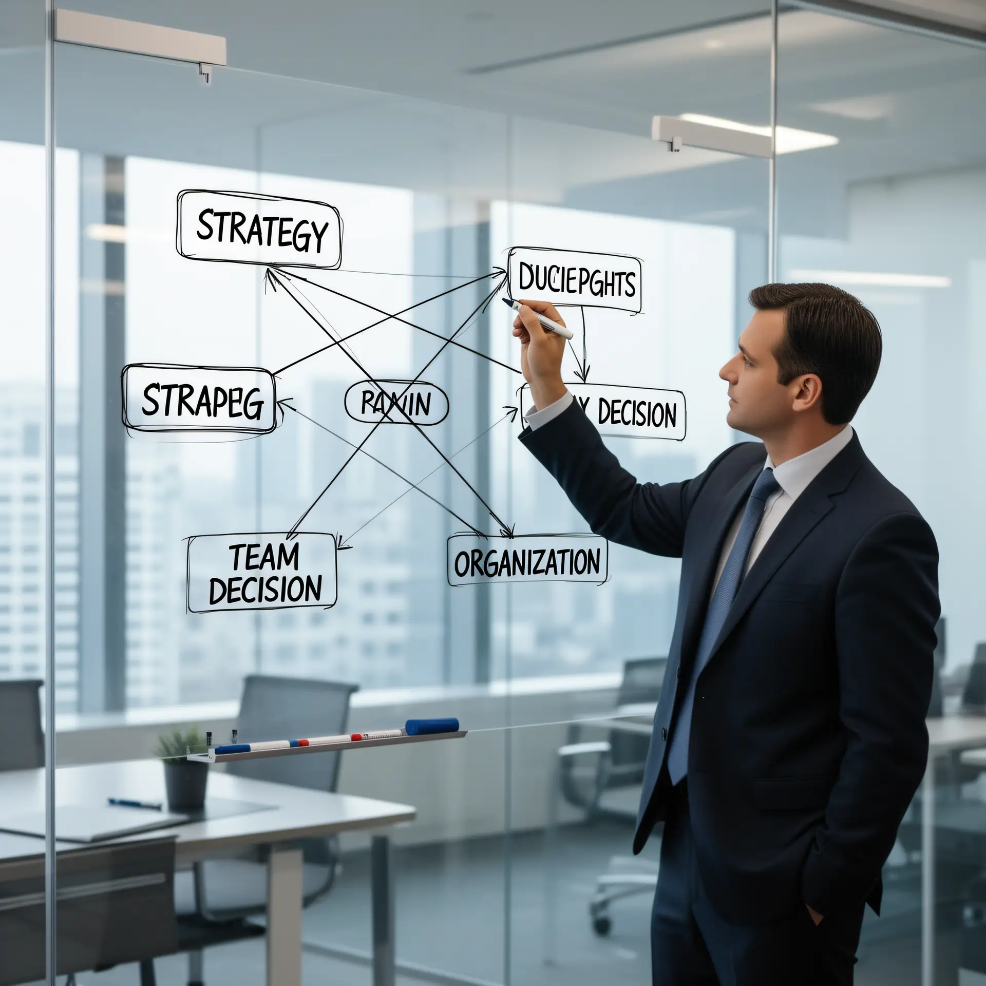 decision architecture: A CEO standing at a glass whiteboard drawing connecting lines between strategy concepts and team decision points, illustrating the gap between high-level vision and daily organizational execution in a modern executive office setting.