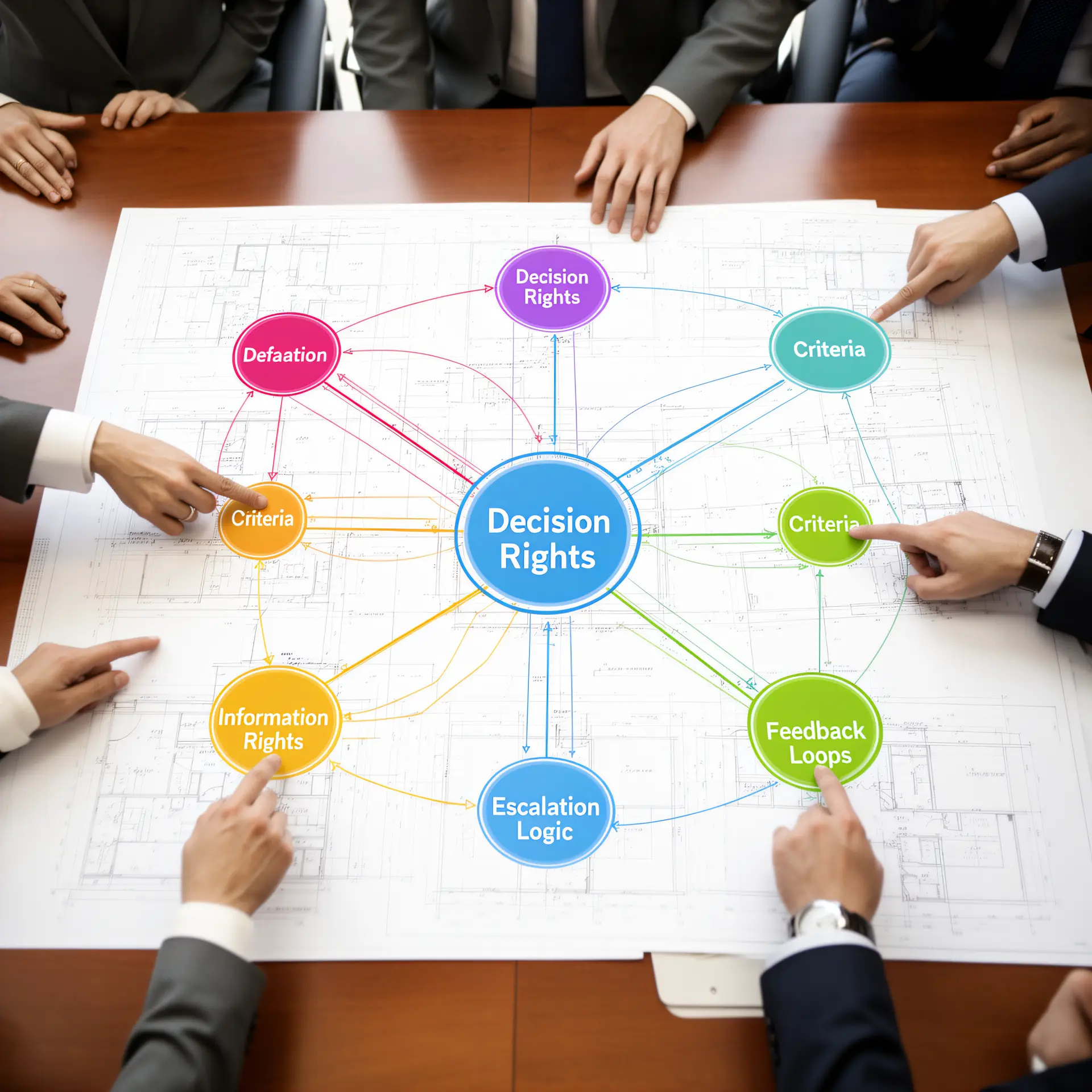 decision architecture: A detailed architectural blueprint-style diagram laid out on a conference table, with five interconnected nodes representing decision rights, criteria, information flow, escalation logic, and feedback loops, viewed from above with executive hands pointing at key connections.