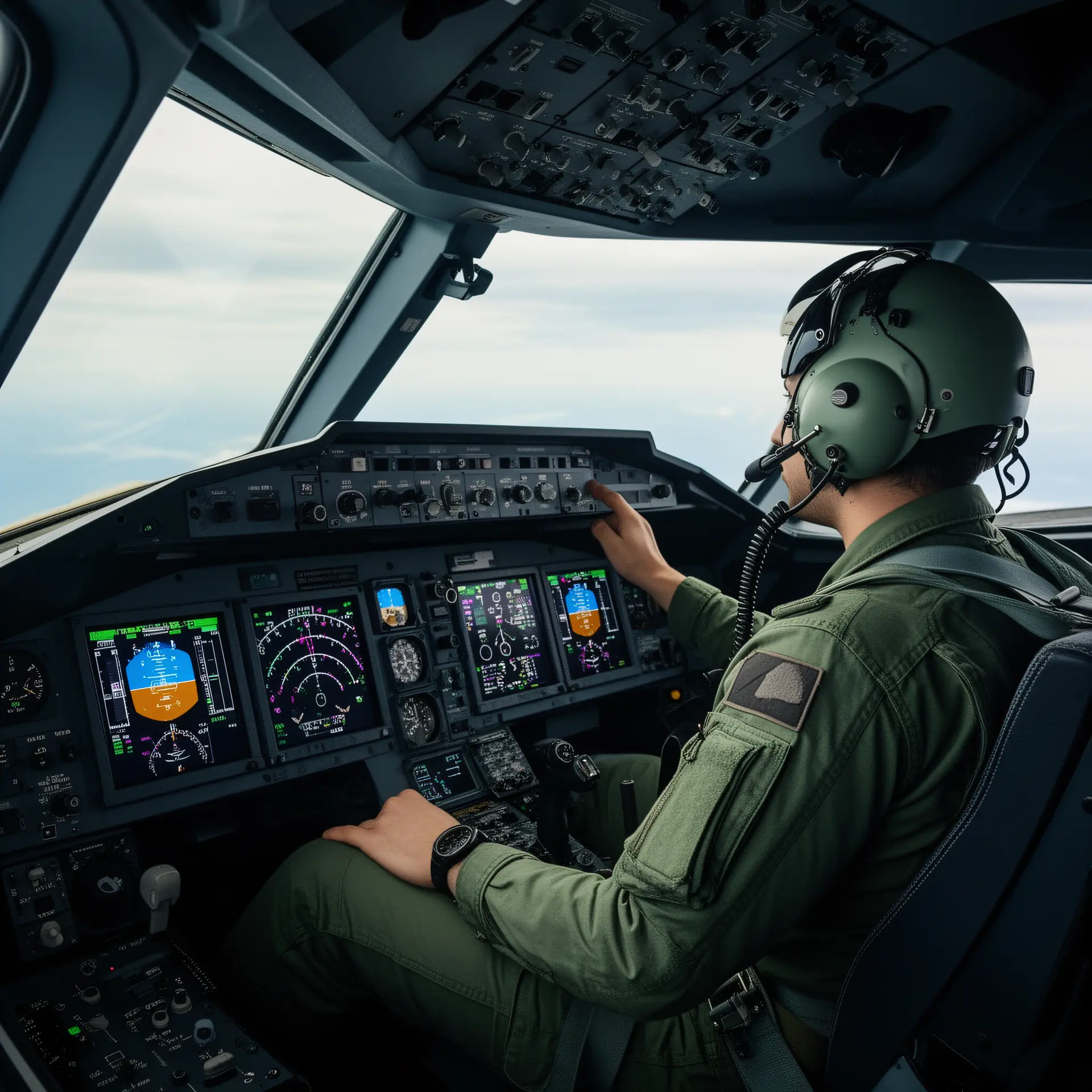 decision architecture: A fighter pilot in a cockpit making rapid decisions while scanning multiple instrument panels, symbolizing the OODA Loop concept of observe-orient-decide-act applied to fast-paced executive leadership and real-time strategic sense-making.