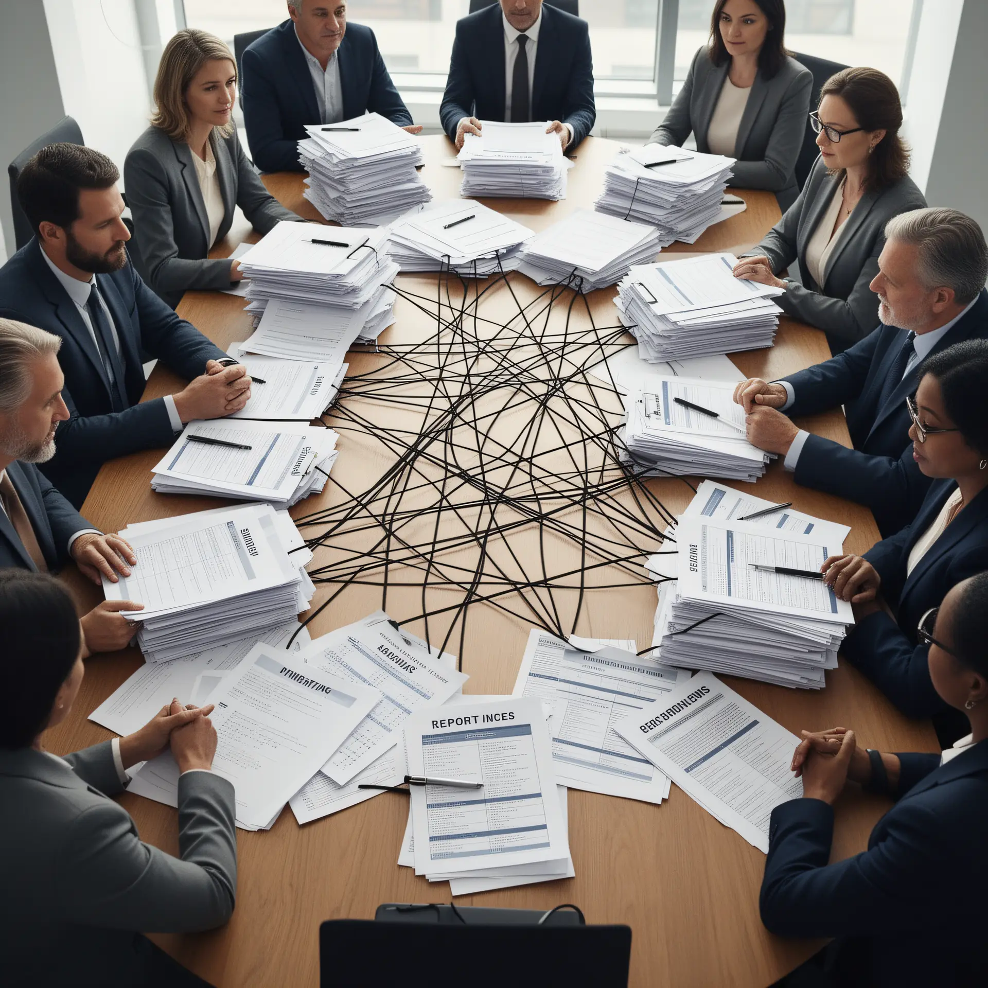 decision architecture: A diverse leadership team gathered around a large conference table overwhelmed by stacks of documents, redundant meeting agendas, and tangled reporting lines, visually representing the concept of accumulated decision debt and organizational paralysis.