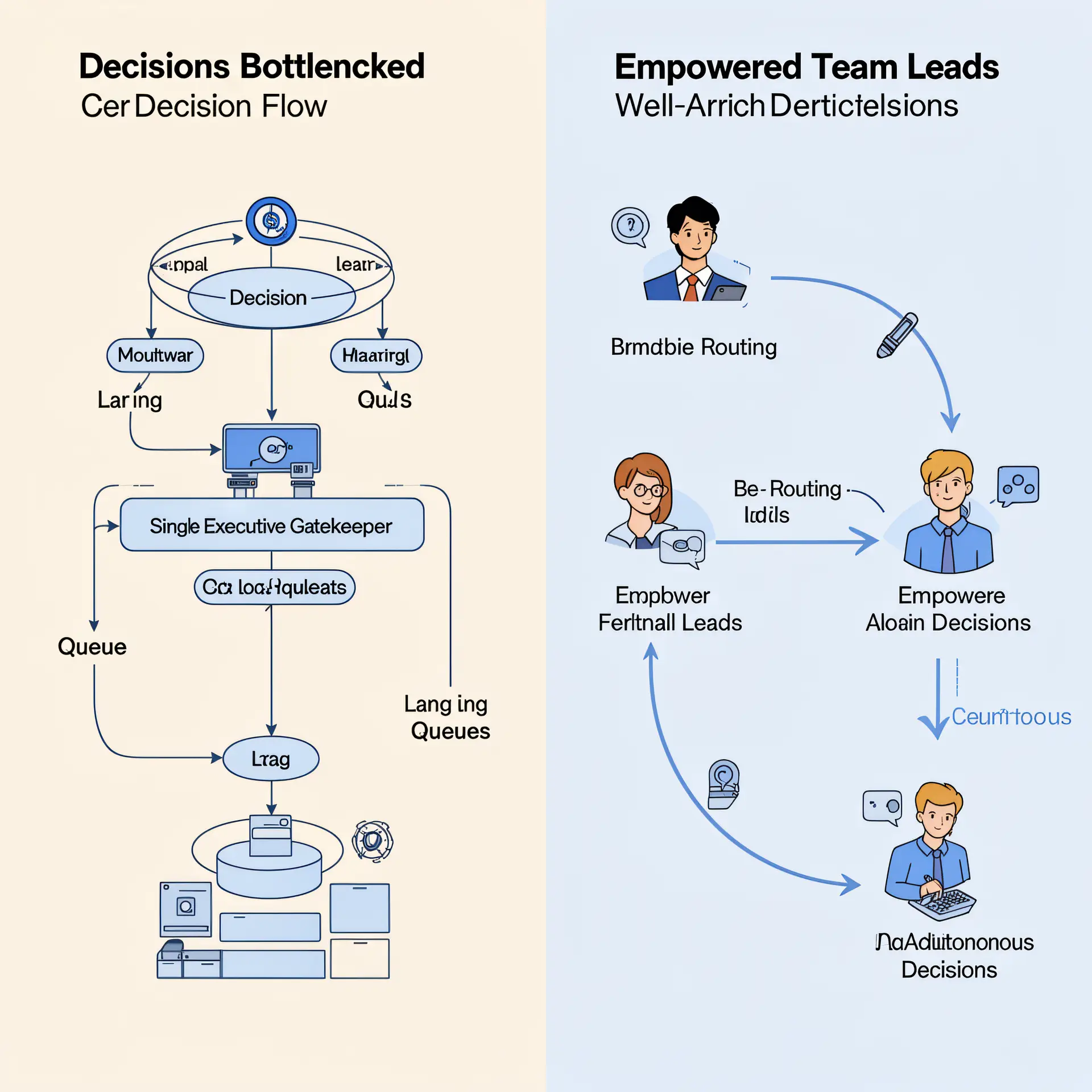 decision architecture: A split-screen contrast showing two organizational pathways: on one side, decisions bottlenecked through a single executive gatekeeper creating long queues, and on the other side, empowered team leads making autonomous decisions quickly with clear routing, representing the difference between centralized and well-architected decision flow.