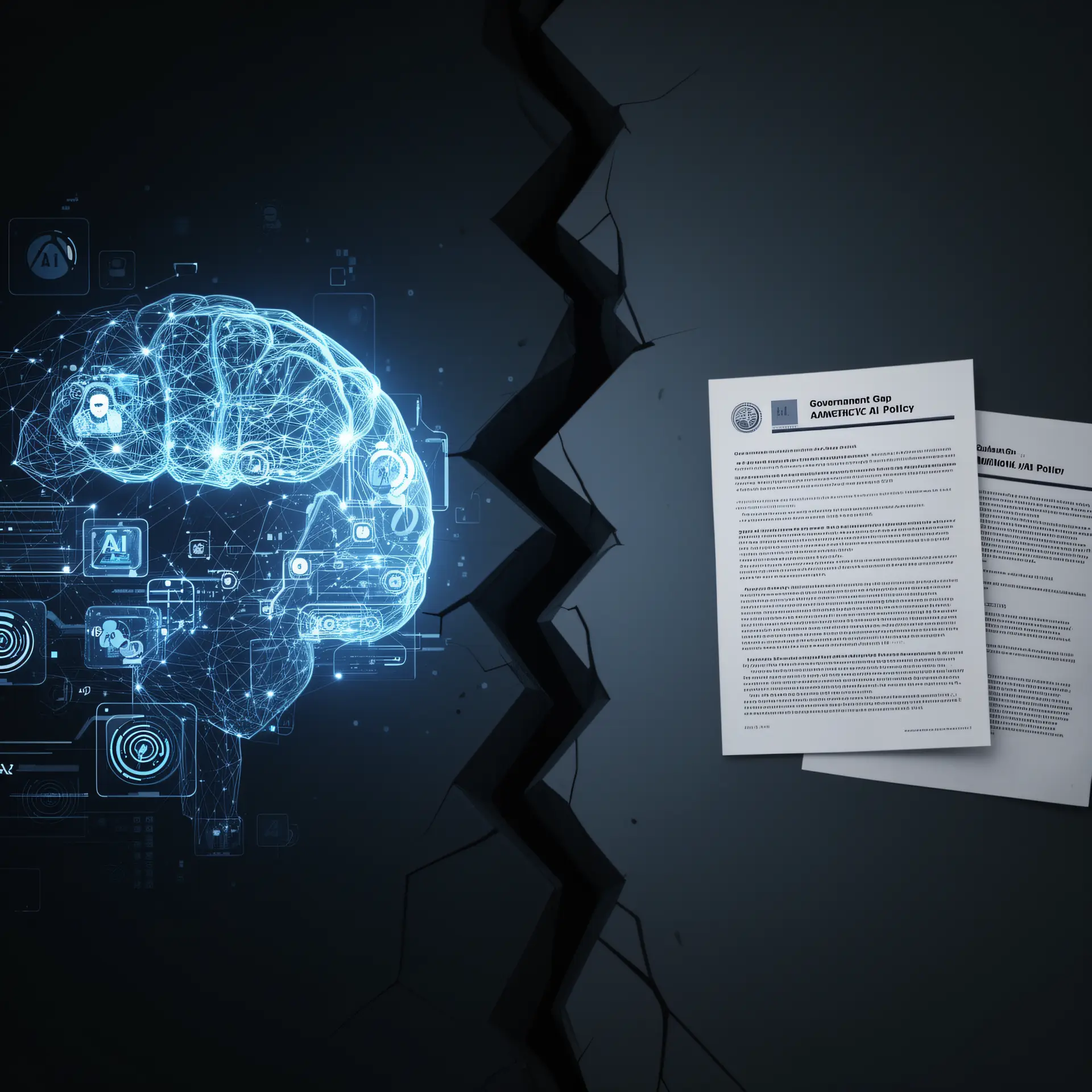 Agentic AI governance gap: glowing AI agent interfaces on one side of a split, a thin stack of outdated policy documents on the other.