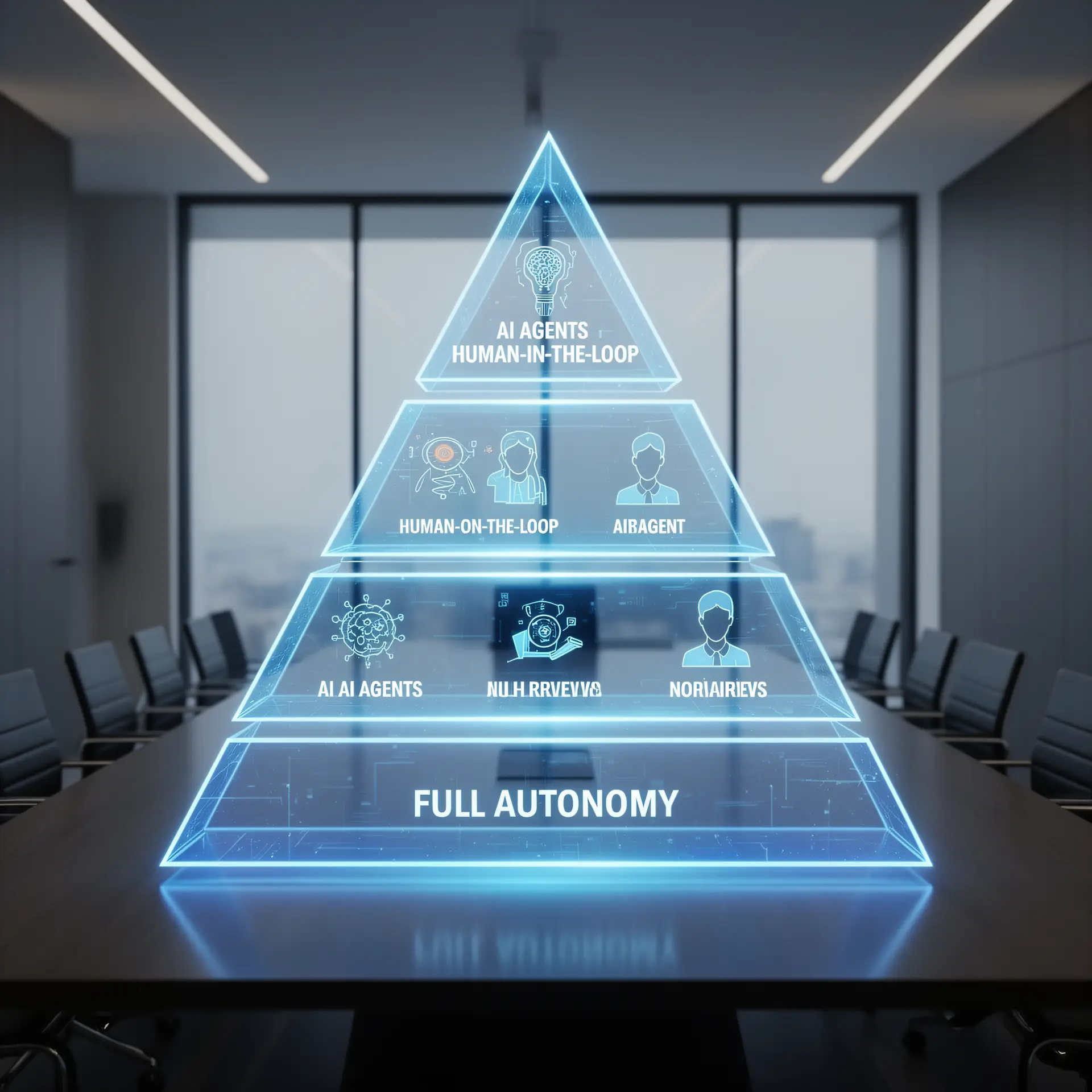 Agentic AI governance tiers: a holographic pyramid in a boardroom with full autonomy at the base, human on the loop in the middle, and human in the loop at the top.