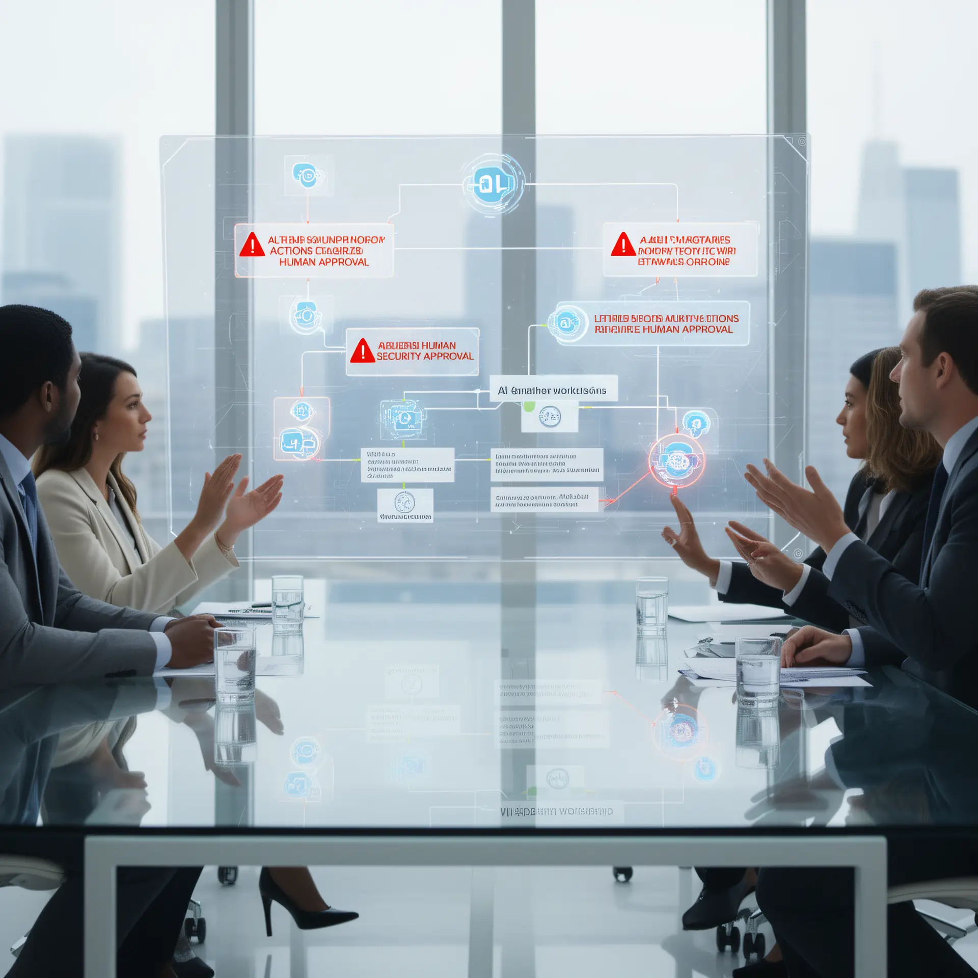 Executives at a glass conference table reviewing a transparent screen of AI agent workflows, permissions, and audit trails, with red flags where actions need human approval.